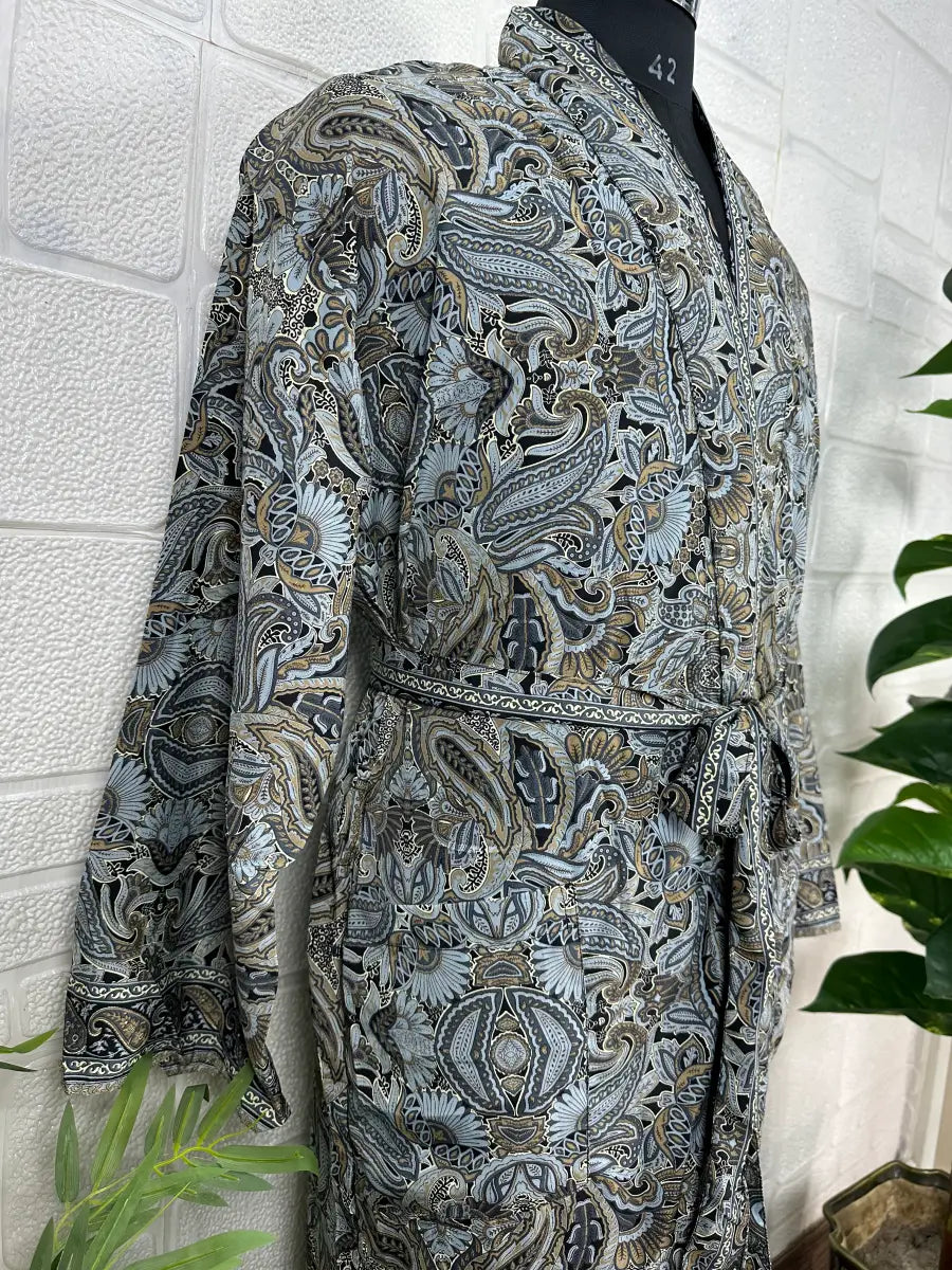 Boho Men Silk Kimono Robe, Luxury Silk Dressing Gown for Man, Long House Beach Artist Bathrobe, Birthday Present for husband, Gift for Him