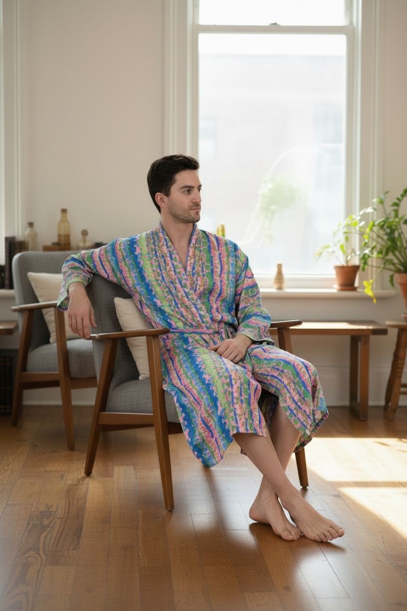 Boho Men's Soft Silk Kimono, Man Regal House Beach Robe, Geometric Persian King Elegant Pink Green Hues Beach Cover Up, Perfect Gift for Dad