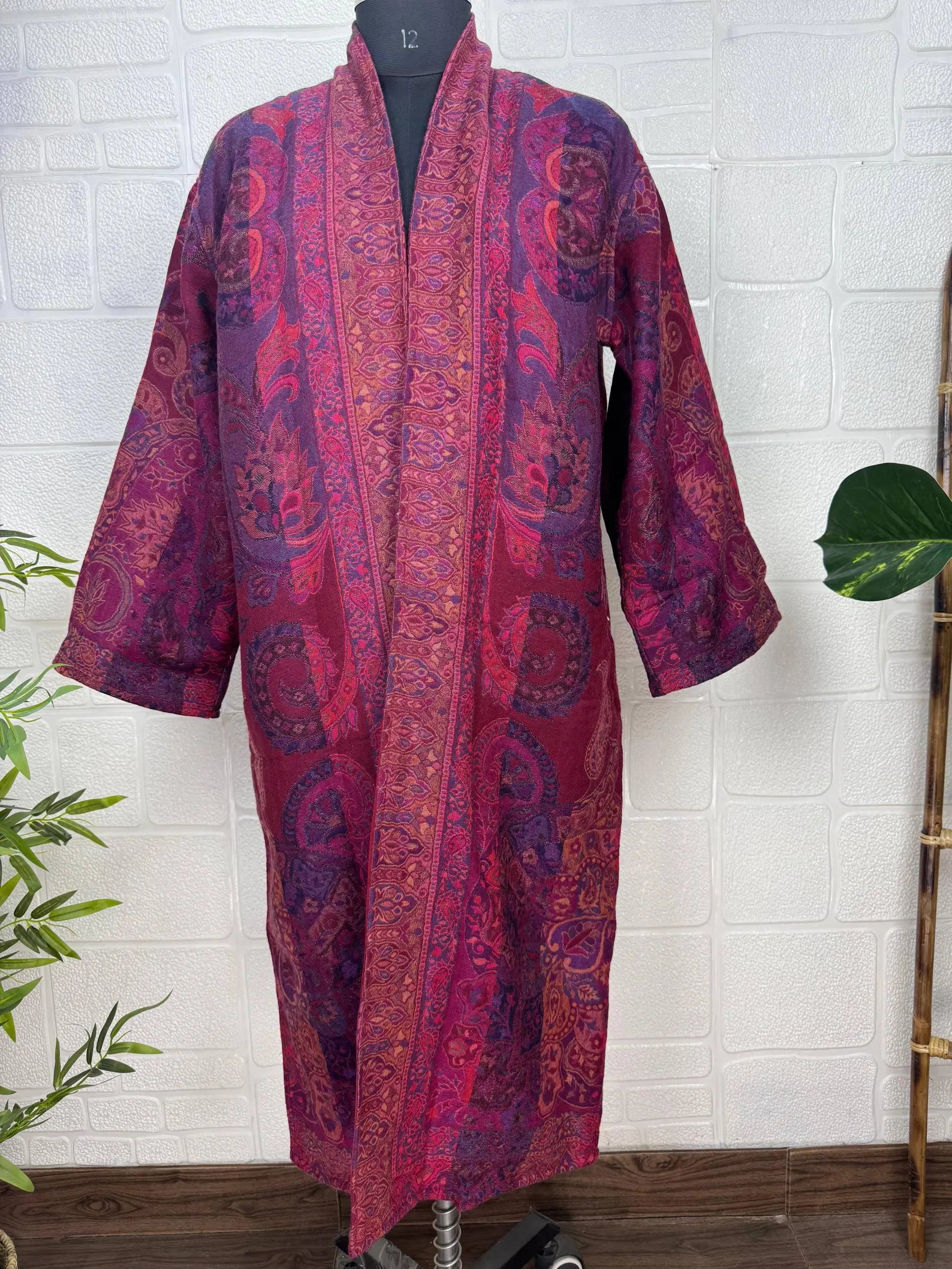 Handmade Merino Wool Kimono Robe: Paisley Floral Jacket, Elegant Cardigan