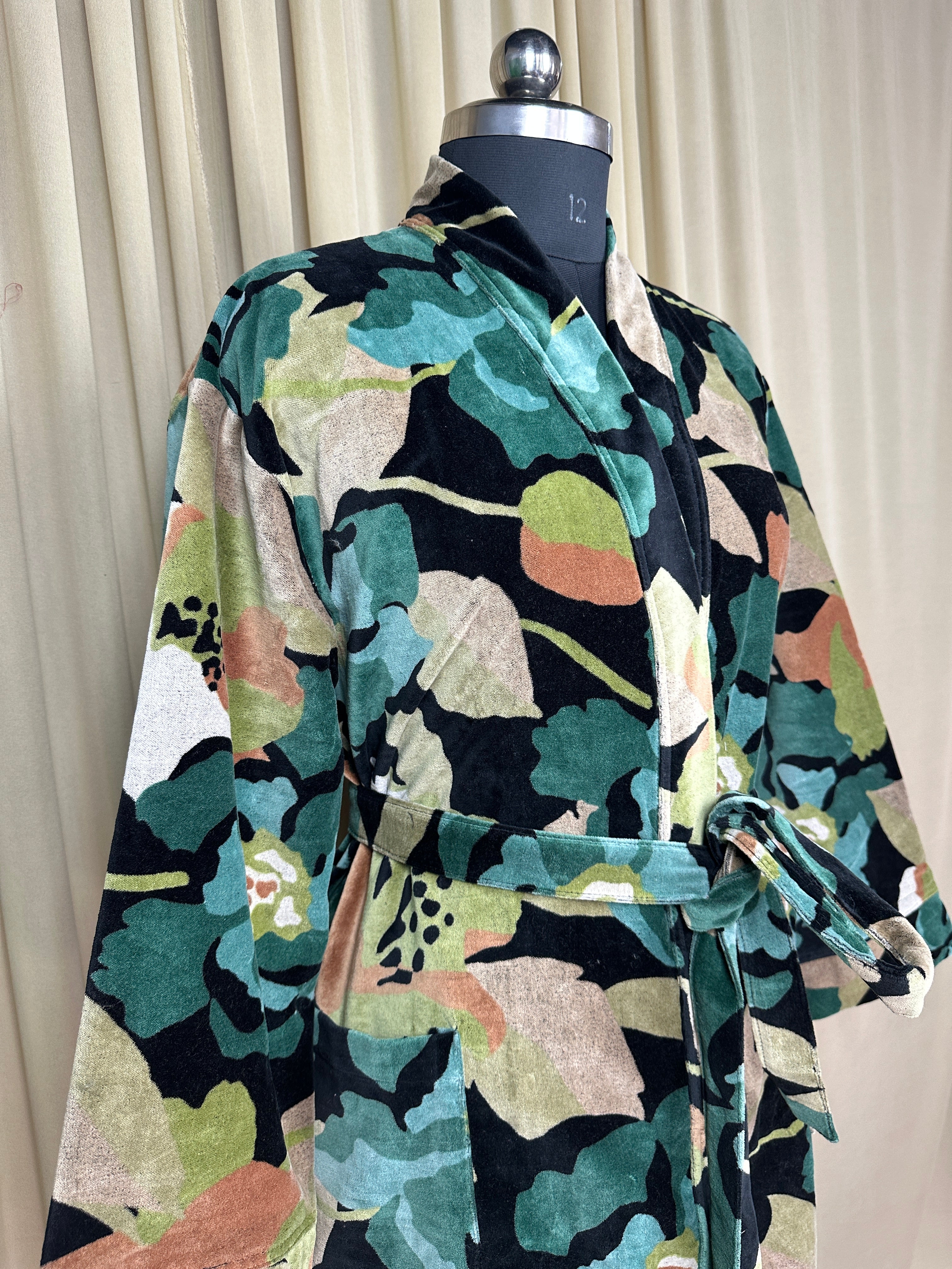 Luxury Velvet Kimono Unisex House Robe | Boho Jacket Autumn Winter Christmas Gift Elegant Reversible Silk Lined | Quirky Gown Black Floral