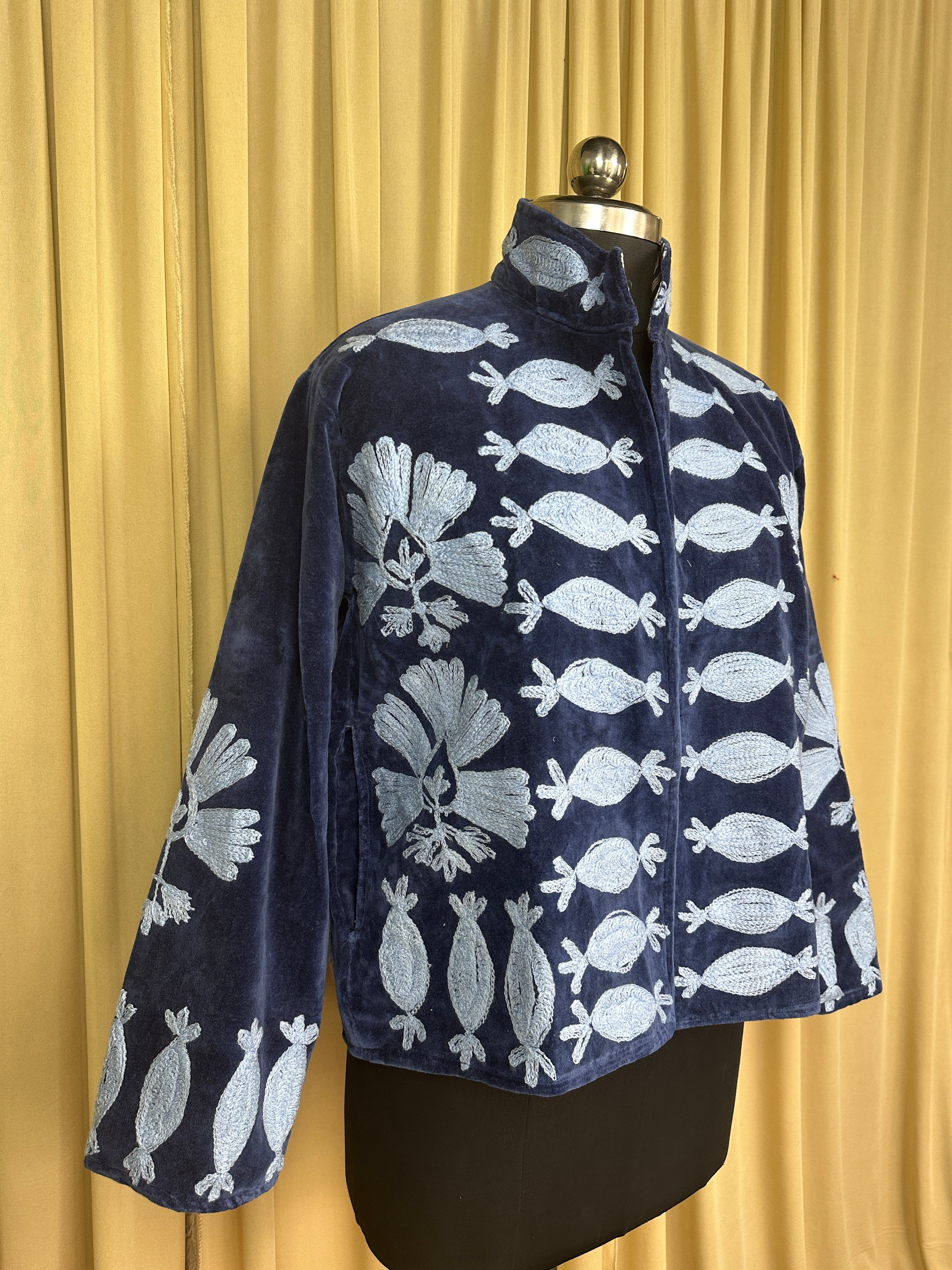 Boho Hand Embroidered Velvet Suzani Jacket, Blue Floral Open Front Coat Winter Wear Free Size Robe Retro Chic Free Size Robe Blazer for Her
