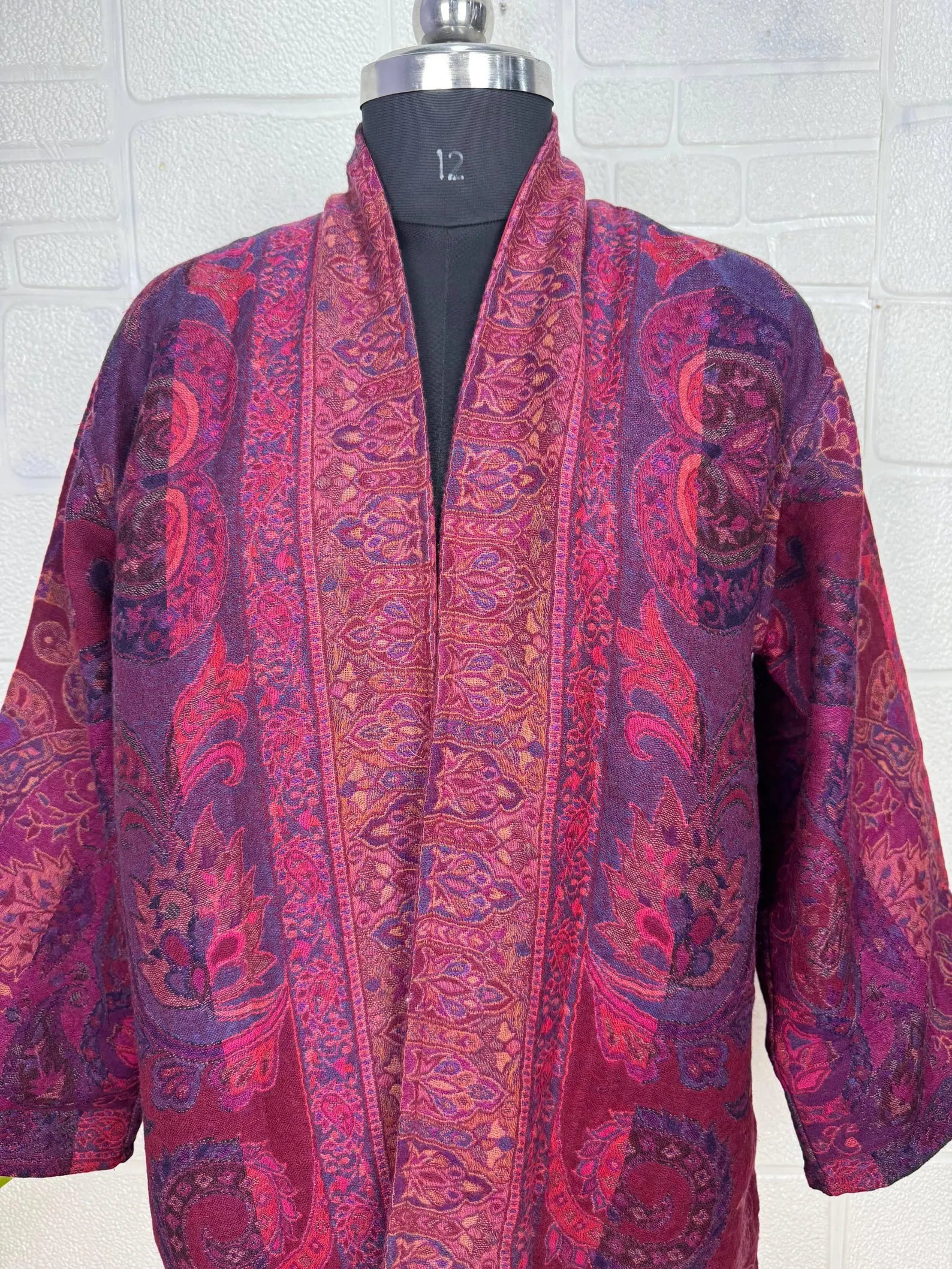 Handmade Merino Wool Kimono Robe: Paisley Floral Jacket, Elegant Cardigan