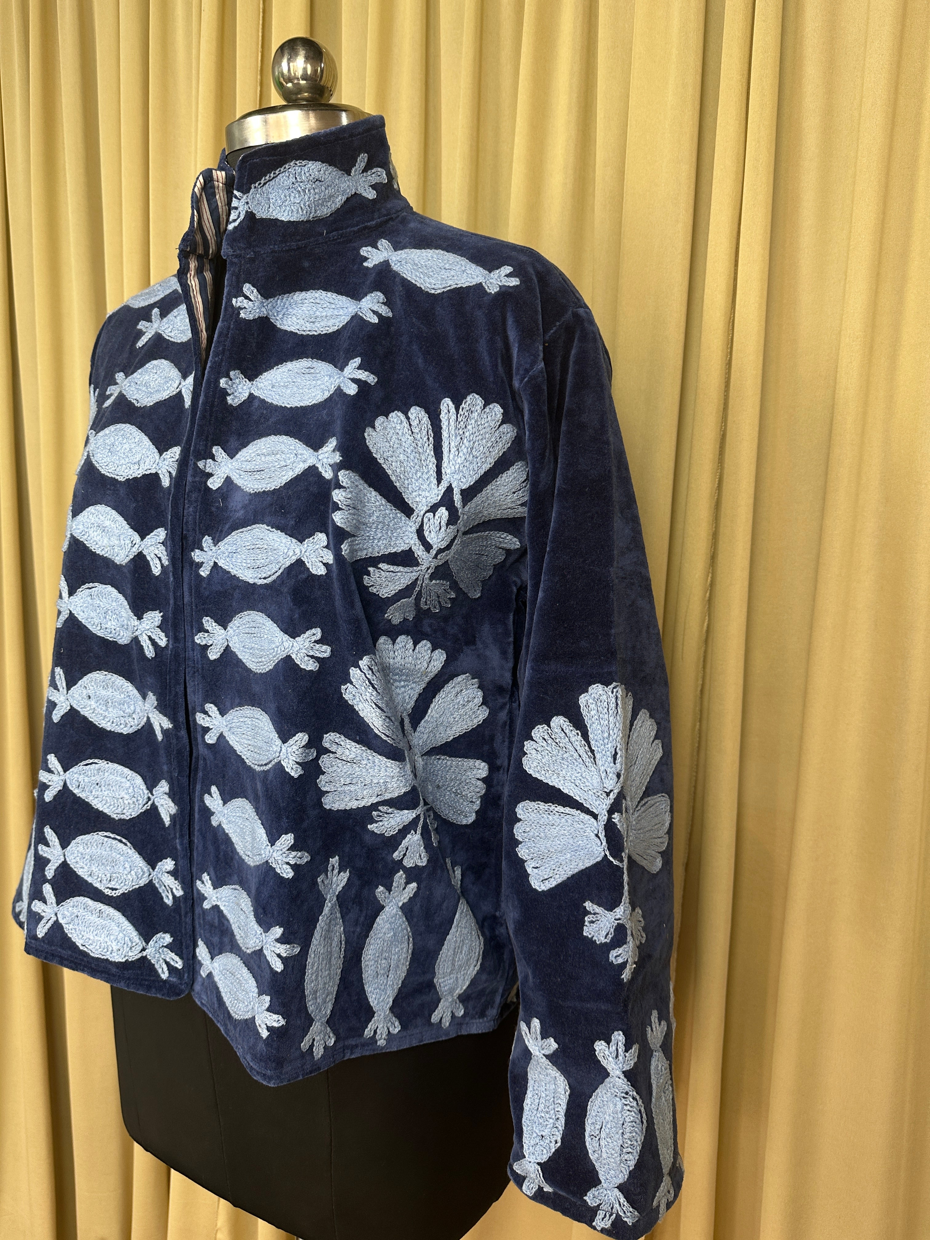 Boho Hand Embroidered Velvet Suzani Jacket, Blue Floral Open Front Coat Winter Wear Free Size Robe Retro Chic Free Size Robe Blazer for Her