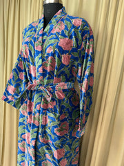 Luxury Velvet Kimono Unisex House Robe | Boho Jacket Autumn Winter Christmas Gift Elegant Reversible Cotton Lined | Quirky Gown Blue Floral