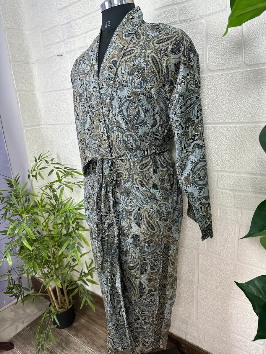Boho Men Silk Kimono Robe, Luxury Silk Dressing Gown for Man, Long House Beach Artist Bathrobe, Birthday Present for husband, Gift for Him