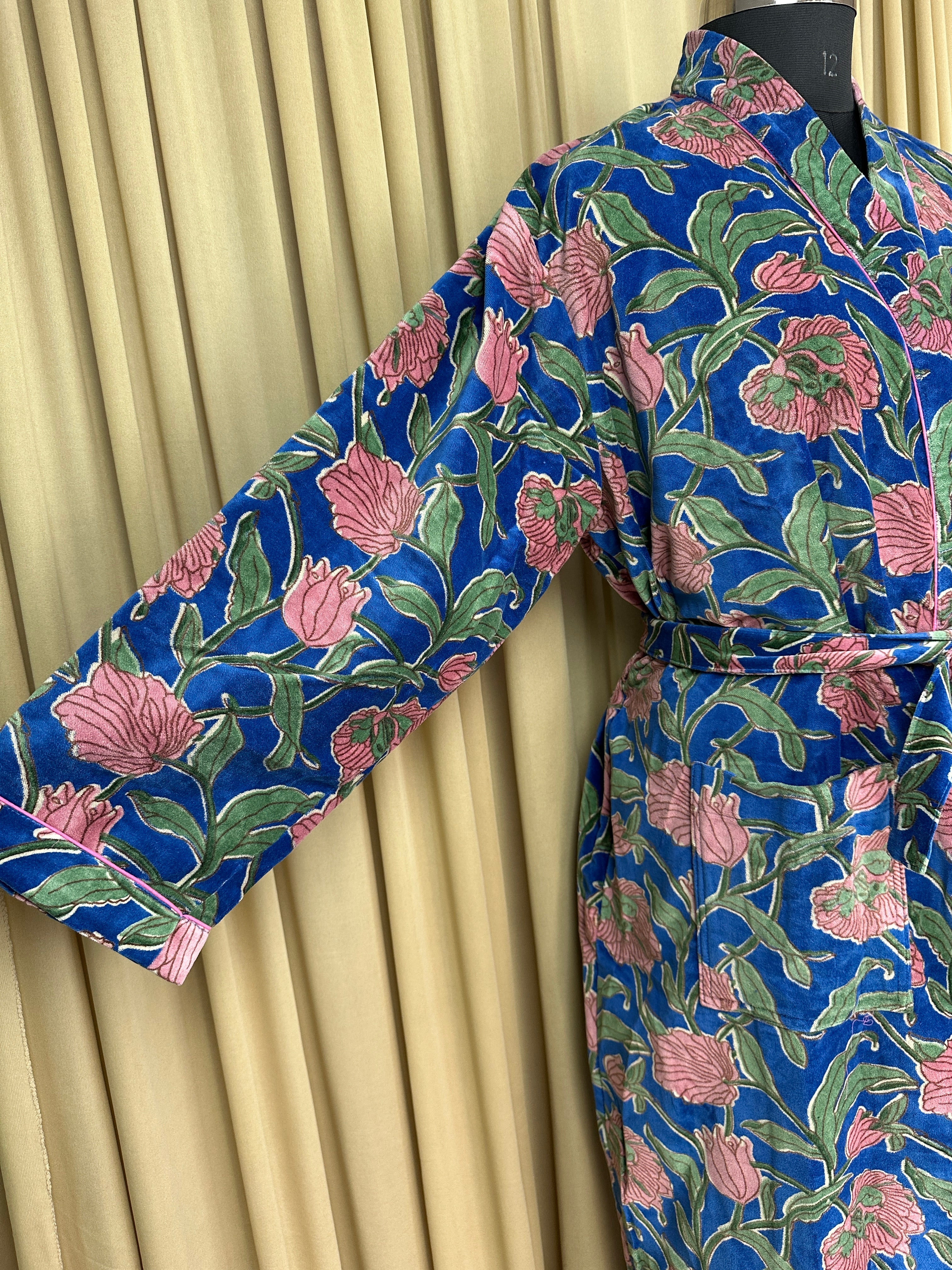Luxury Velvet Kimono Unisex House Robe | Boho Jacket Autumn Winter Christmas Gift Elegant Reversible Cotton Lined | Quirky Gown Blue Floral