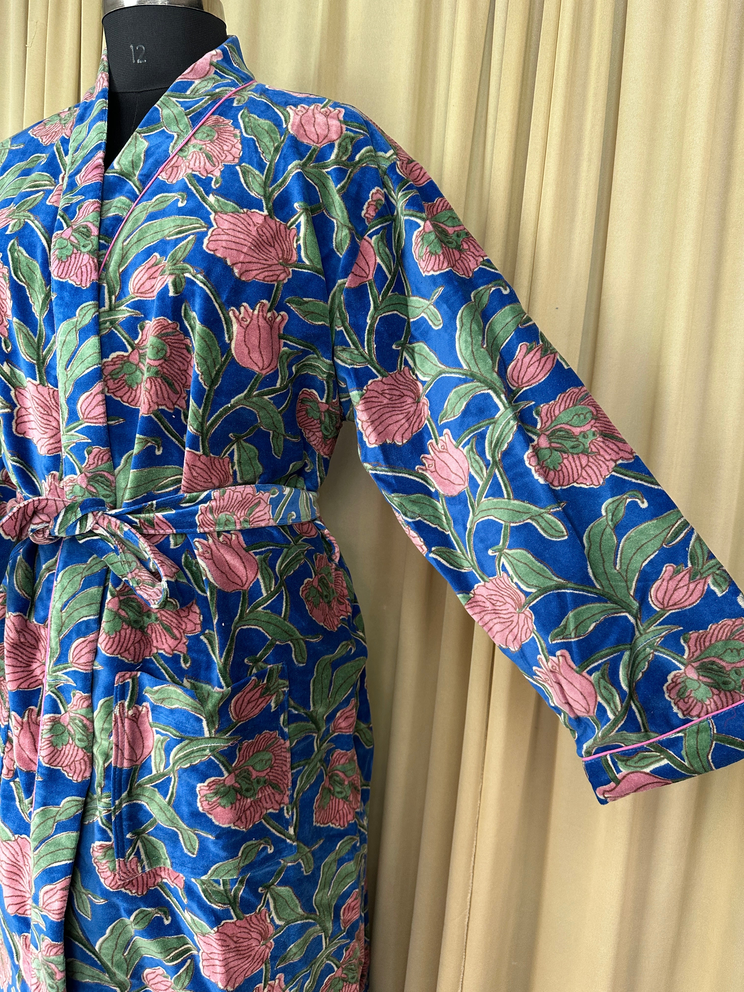 Luxury Velvet Kimono Unisex House Robe | Boho Jacket Autumn Winter Christmas Gift Elegant Reversible Cotton Lined | Quirky Gown Blue Floral