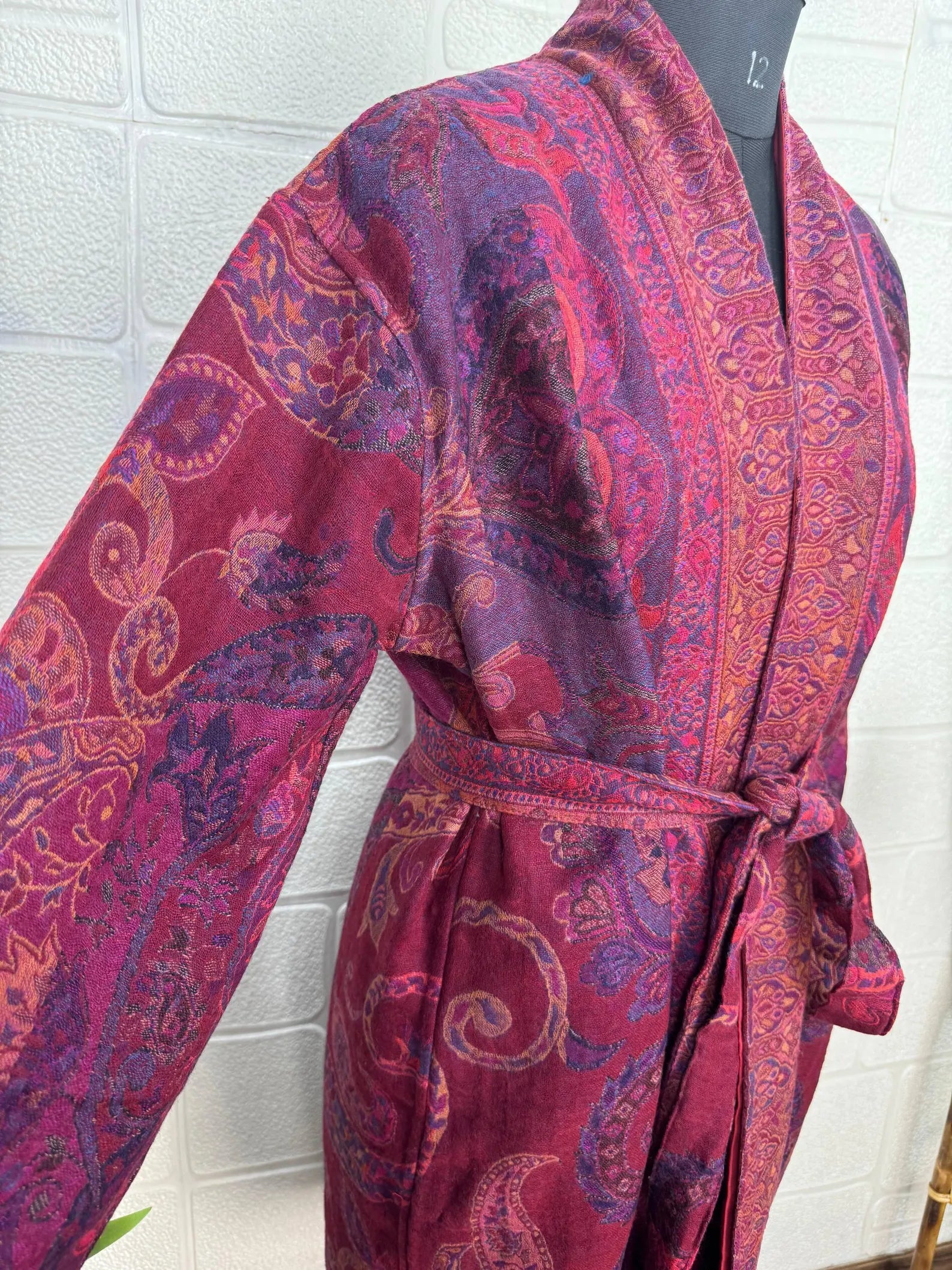 Handmade Merino Wool Kimono Robe: Paisley Floral Jacket, Elegant Cardigan
