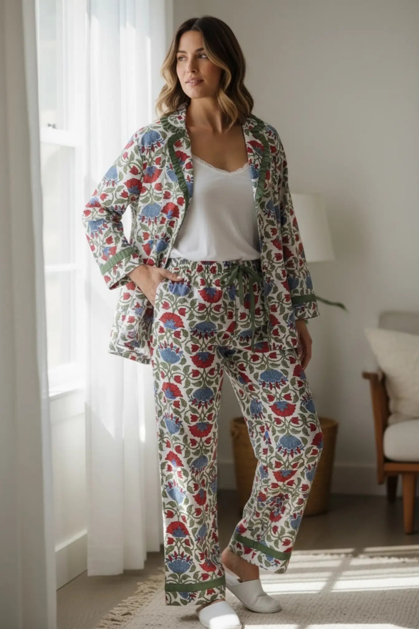 Pure Soft Cotton Pajama Set Two Piece, Indian Hand Block Floral Print | Luxury Sleepwear Loungewear Gift for Her, Valentine Anniversary Mom!