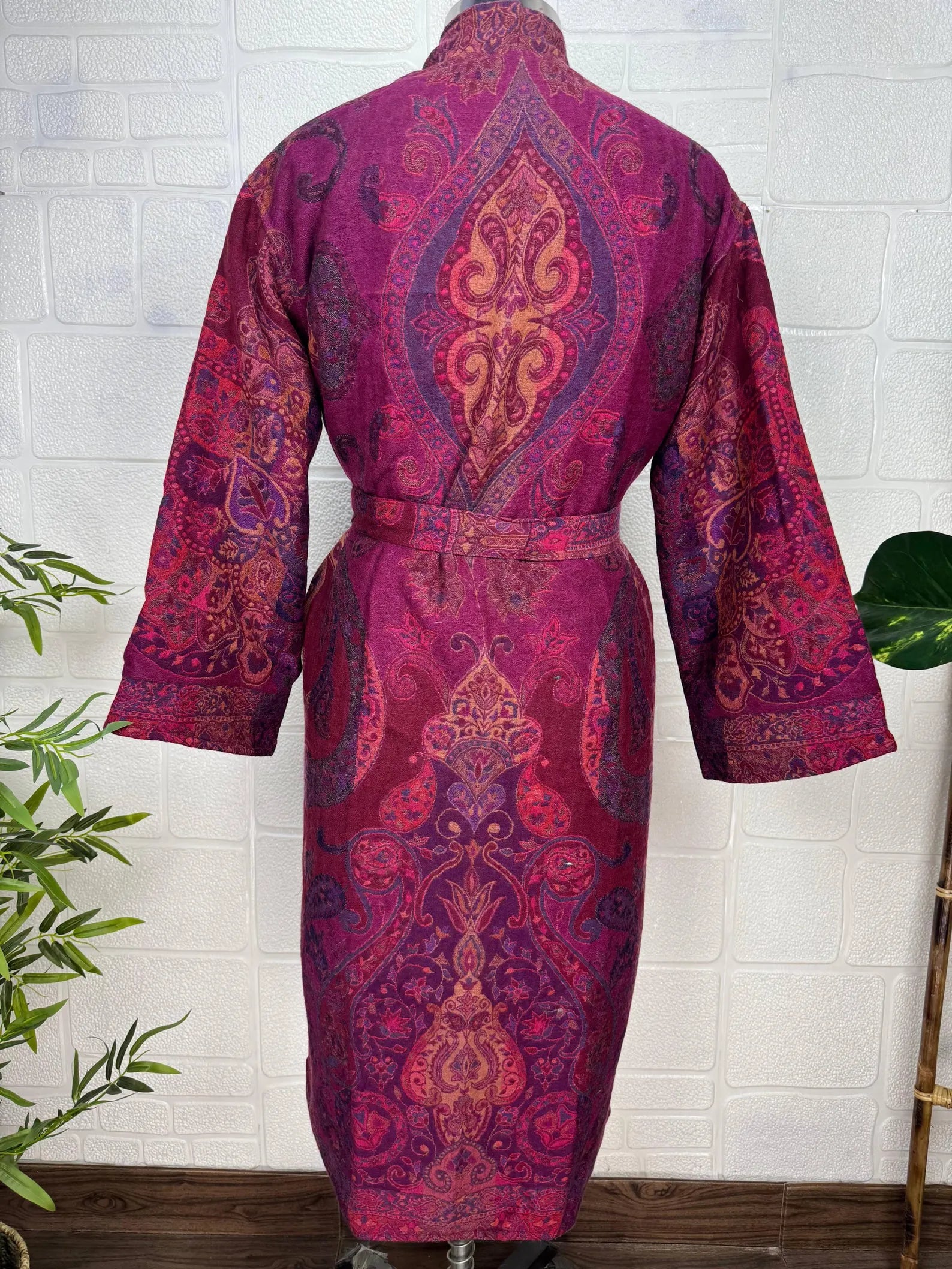 Handmade Merino Wool Kimono Robe: Paisley Floral Jacket, Elegant Cardigan