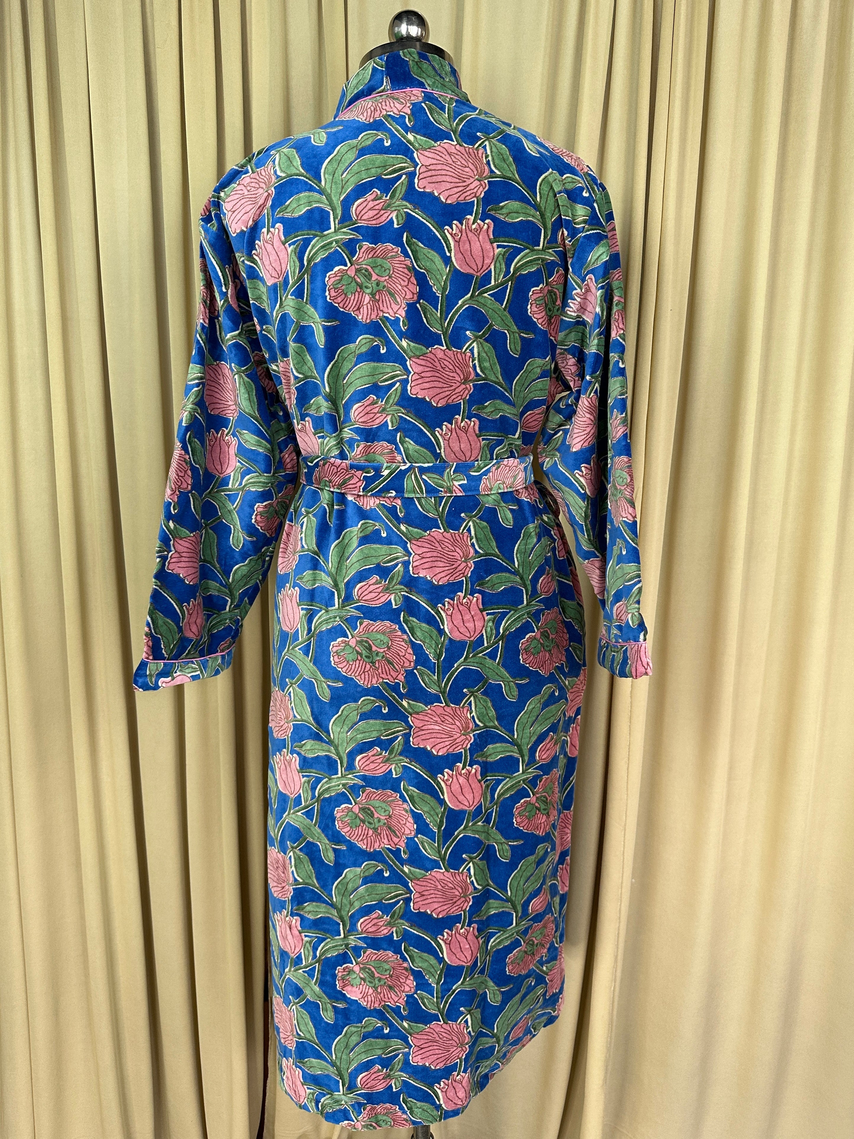Luxury Velvet Kimono Unisex House Robe | Boho Jacket Autumn Winter Christmas Gift Elegant Reversible Cotton Lined | Quirky Gown Blue Floral