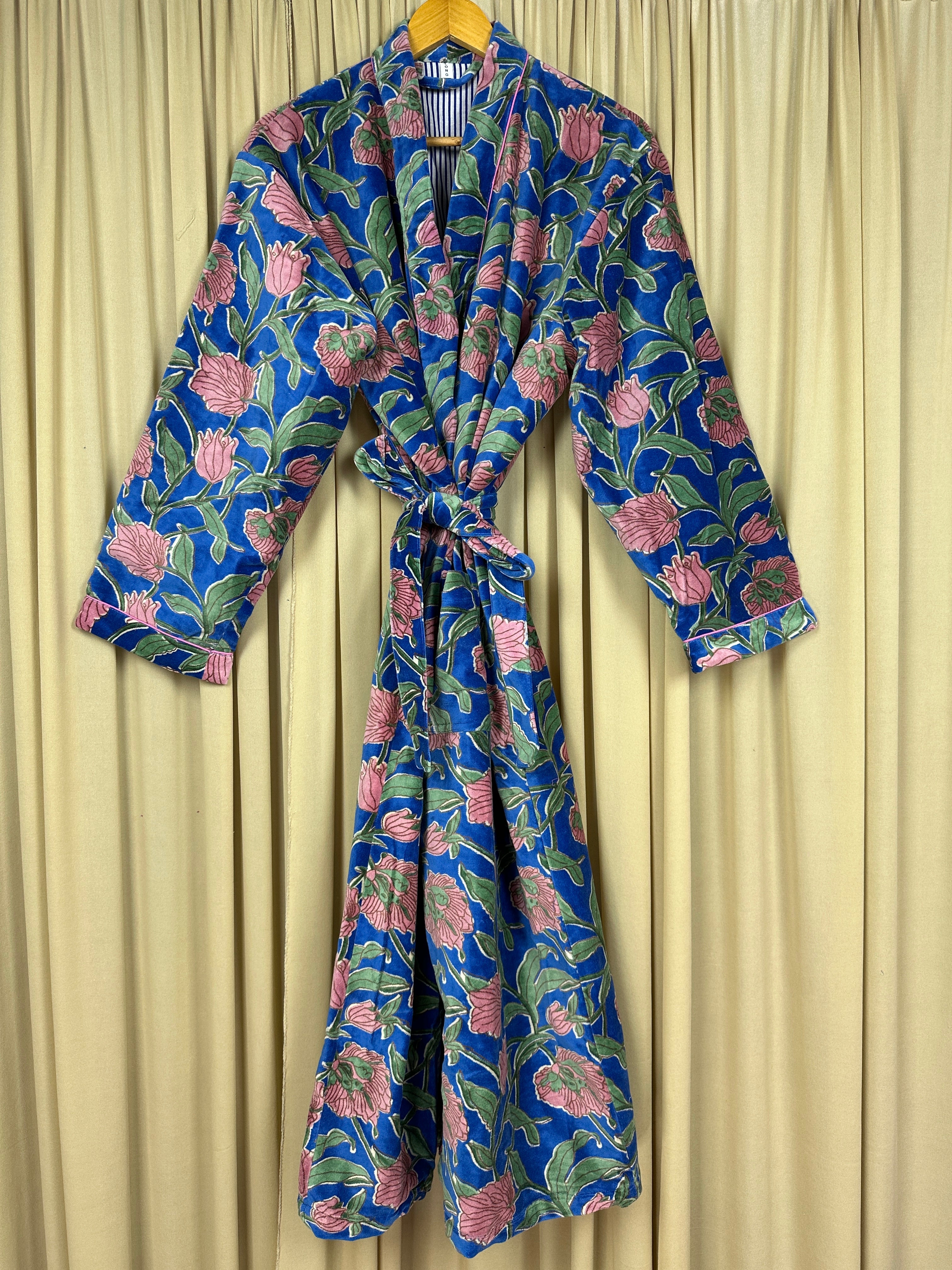 Luxury Velvet Kimono Unisex House Robe | Boho Jacket Autumn Winter Christmas Gift Elegant Reversible Cotton Lined | Quirky Gown Blue Floral
