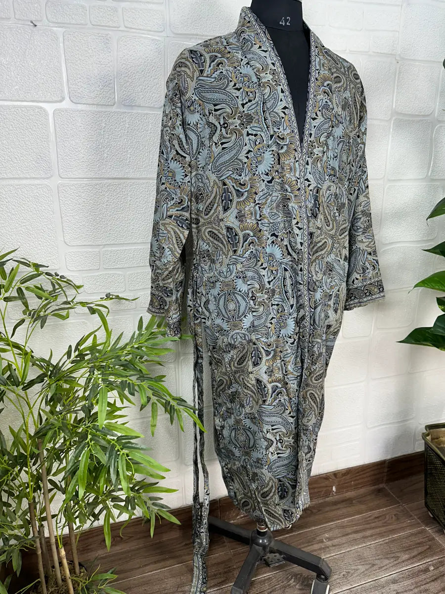 Boho Men Silk Kimono Robe, Luxury Silk Dressing Gown for Man, Long House Beach Artist Bathrobe, Birthday Present for husband, Gift for Him