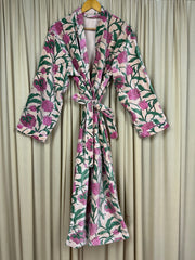 Luxury Velvet Kimono Unisex House Robe | Boho Jacket Autumn Winter Christmas Gift Elegant Reversible Cotton Lined | Quirky Gown Beige Floral