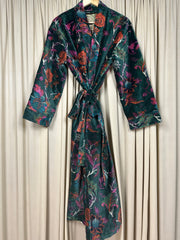 Luxury Velvet Kimono Unisex House Robe | Boho Jacket Autumn Winter Christmas Gift Elegant Reversible Silk Lined | Quirky Gown Green Floral