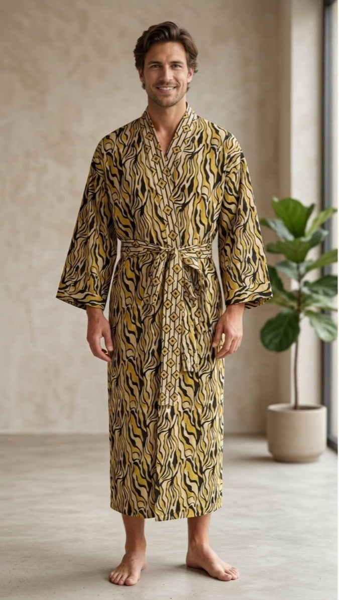 Mens Kimono Robe Cotton Handblock Dress, Indian Printed Man House Robe, Boho Beach Coverup Dressing Gown Lightweight Loungewear Gift For Him