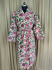 Luxury Velvet Kimono Unisex House Robe | Boho Jacket Autumn Winter Christmas Gift Elegant Reversible Cotton Lined | Quirky Gown Beige Floral