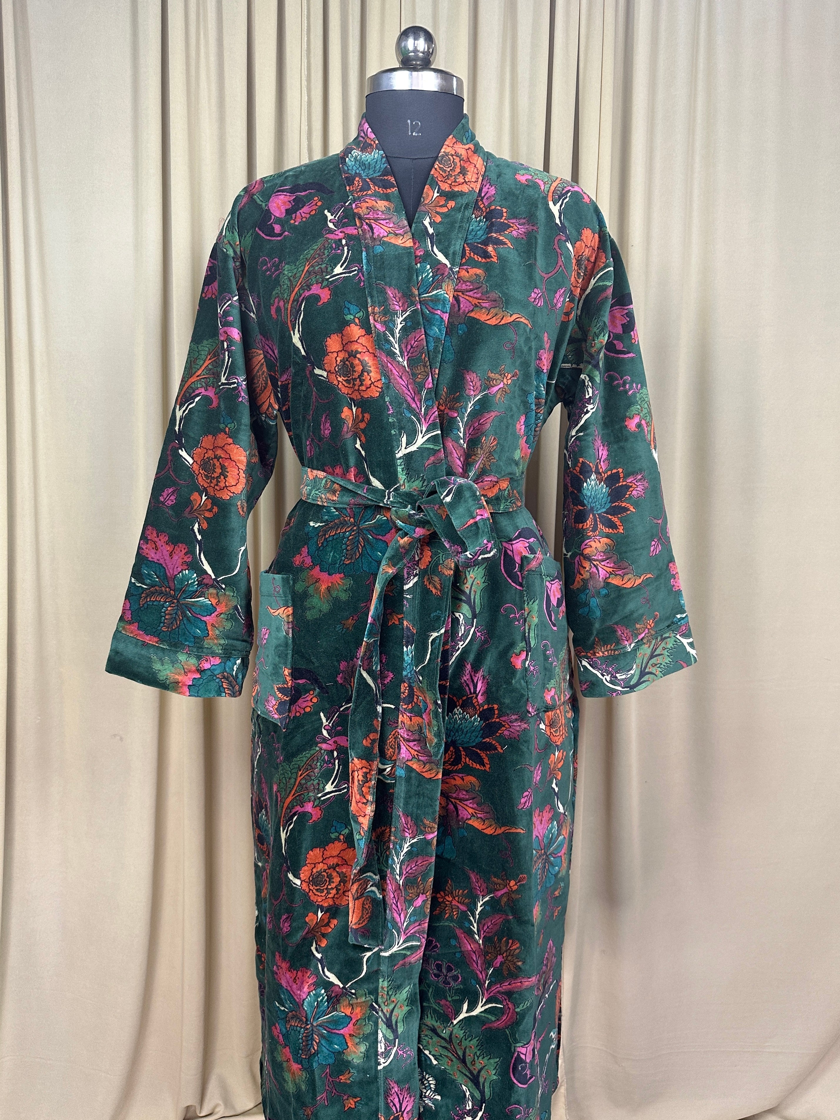 Luxury Velvet Kimono Unisex House Robe | Boho Jacket Autumn Winter Christmas Gift Elegant Reversible Silk Lined | Quirky Gown Green Floral