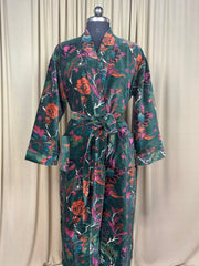 Luxury Velvet Kimono Unisex House Robe | Boho Jacket Autumn Winter Christmas Gift Elegant Reversible Silk Lined | Quirky Gown Green Floral
