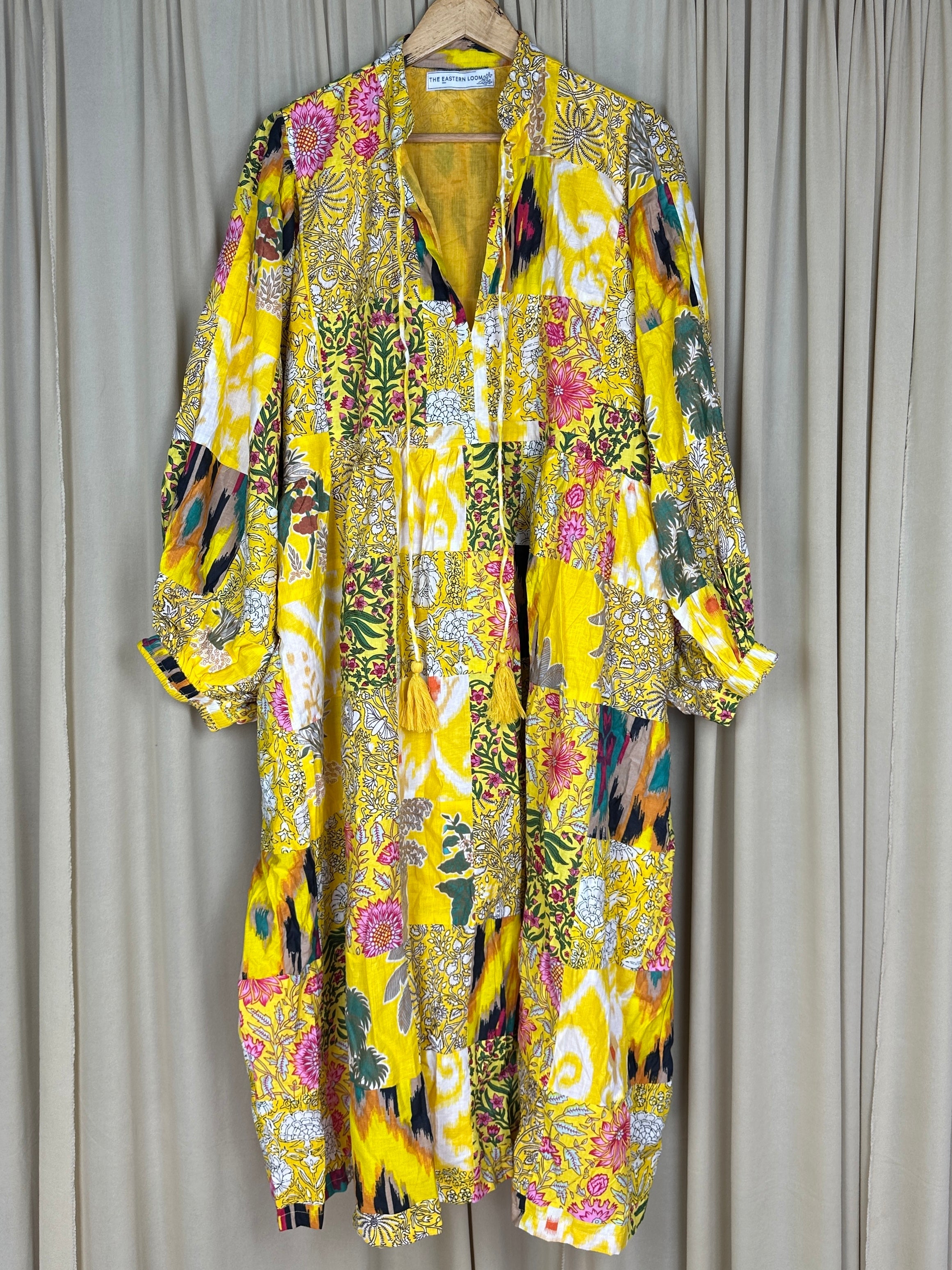 Boho Maxi Dress With Sleeves | Handmade Patchwork Long Flowy Beach Dress, One-of-a-kind Elegant Retro Outfit, Modest Gown with Pockets