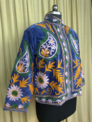 Boho Hand Embroidered Velvet Suzani Jacket, Blue Floral Open Front Coat Winter Wear Free Size Robe Retro Chic Free Size Robe Blazer for Her