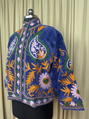 Boho Hand Embroidered Velvet Suzani Jacket, Blue Floral Open Front Coat Winter Wear Free Size Robe Retro Chic Free Size Robe Blazer for Her