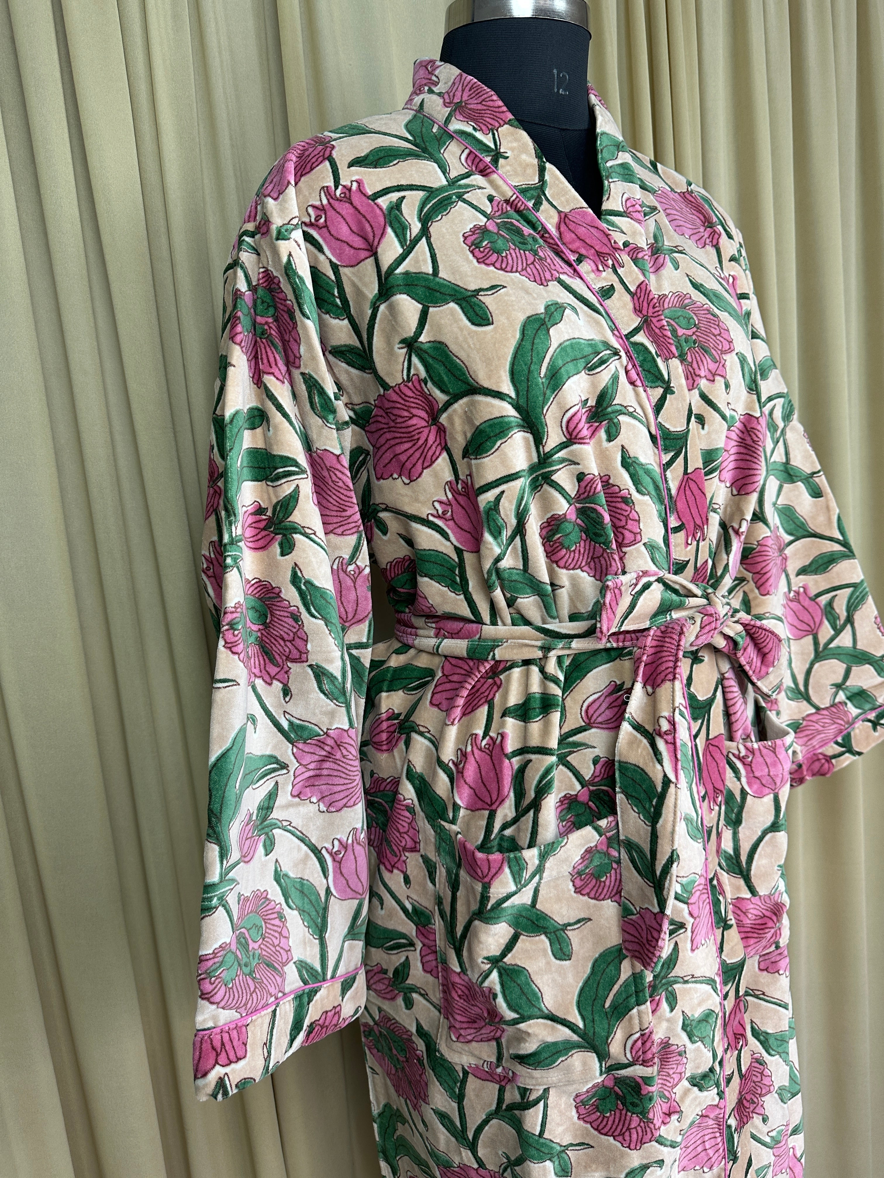 Luxury Velvet Kimono Unisex House Robe | Boho Jacket Autumn Winter Christmas Gift Elegant Reversible Cotton Lined | Quirky Gown Beige Floral