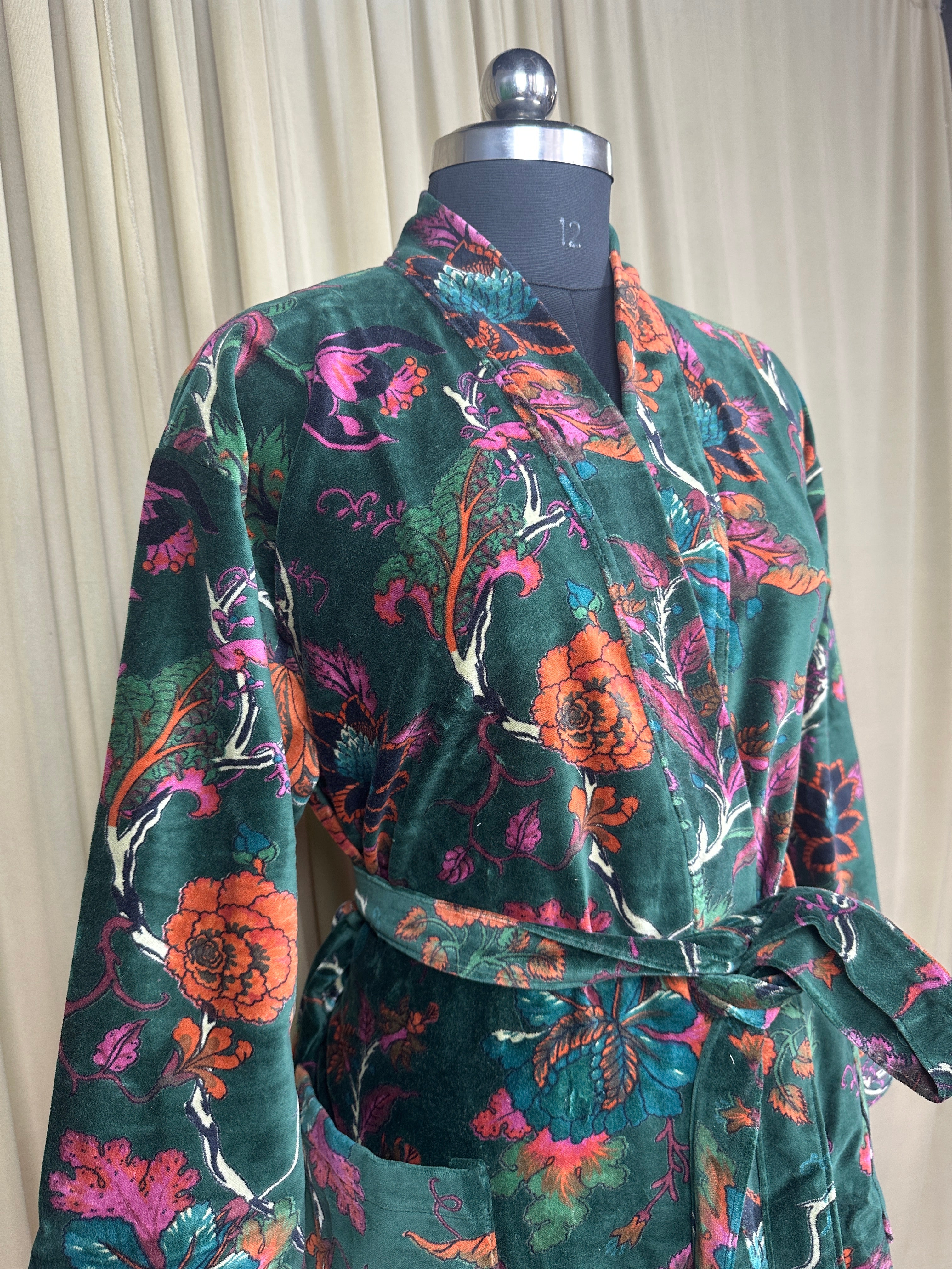 Luxury Velvet Kimono Unisex House Robe | Boho Jacket Autumn Winter Christmas Gift Elegant Reversible Silk Lined | Quirky Gown Green Floral