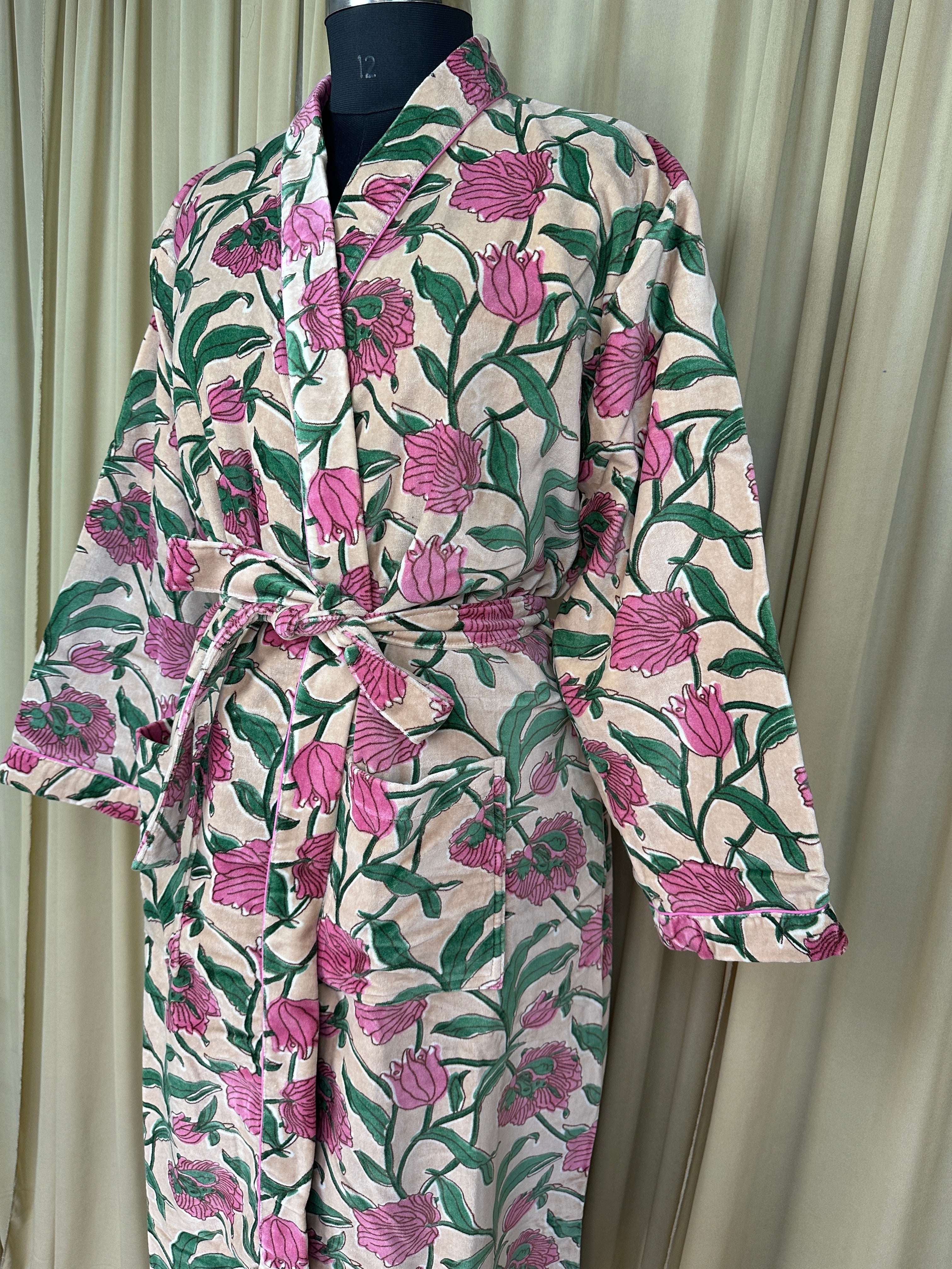 Luxury Velvet Kimono Unisex House Robe | Boho Jacket Autumn Winter Christmas Gift Elegant Reversible Cotton Lined | Quirky Gown Beige Floral