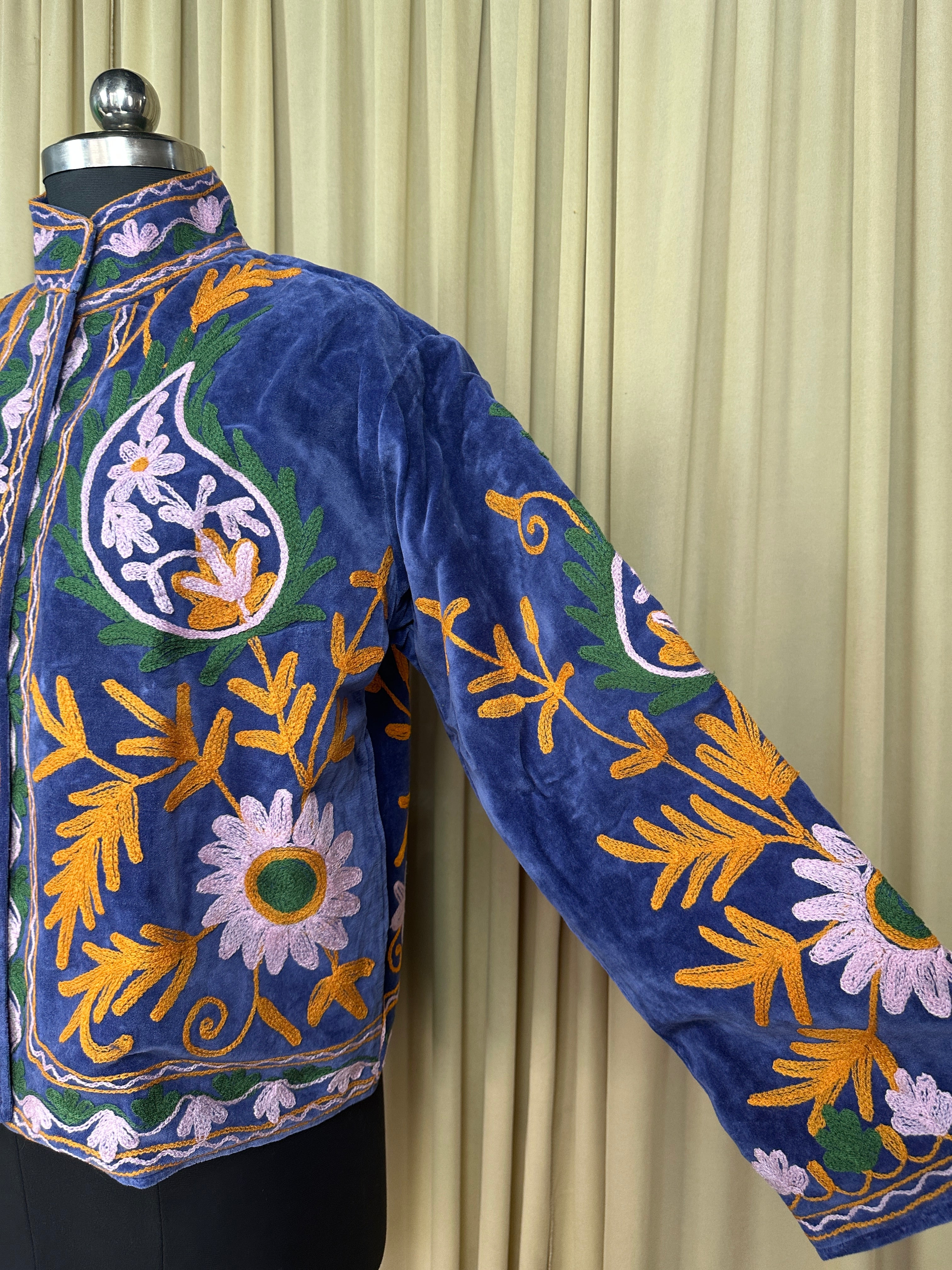 Boho Hand Embroidered Velvet Suzani Jacket, Blue Floral Open Front Coat Winter Wear Free Size Robe Retro Chic Free Size Robe Blazer for Her