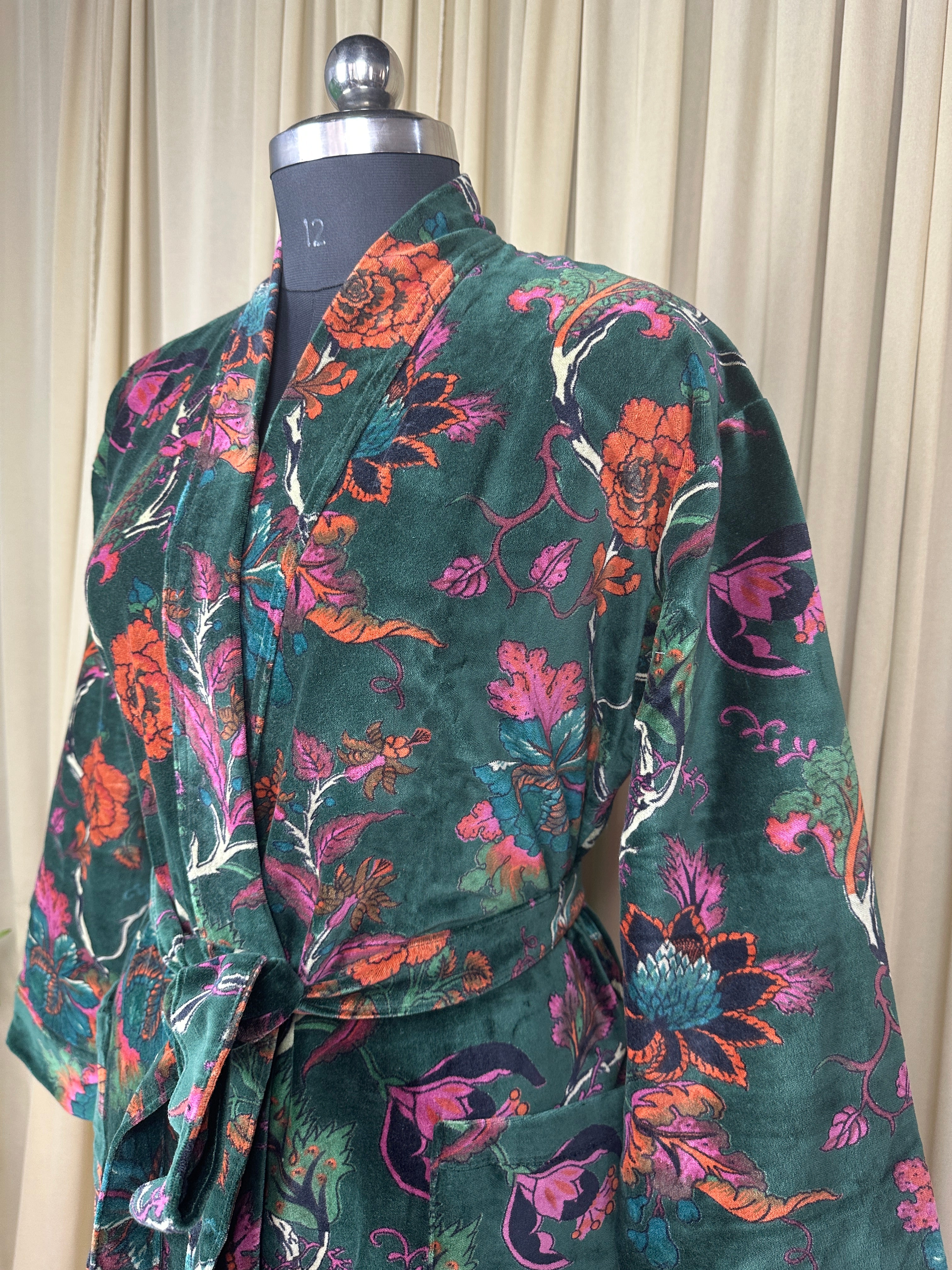 Luxury Velvet Kimono Unisex House Robe | Boho Jacket Autumn Winter Christmas Gift Elegant Reversible Silk Lined | Quirky Gown Green Floral