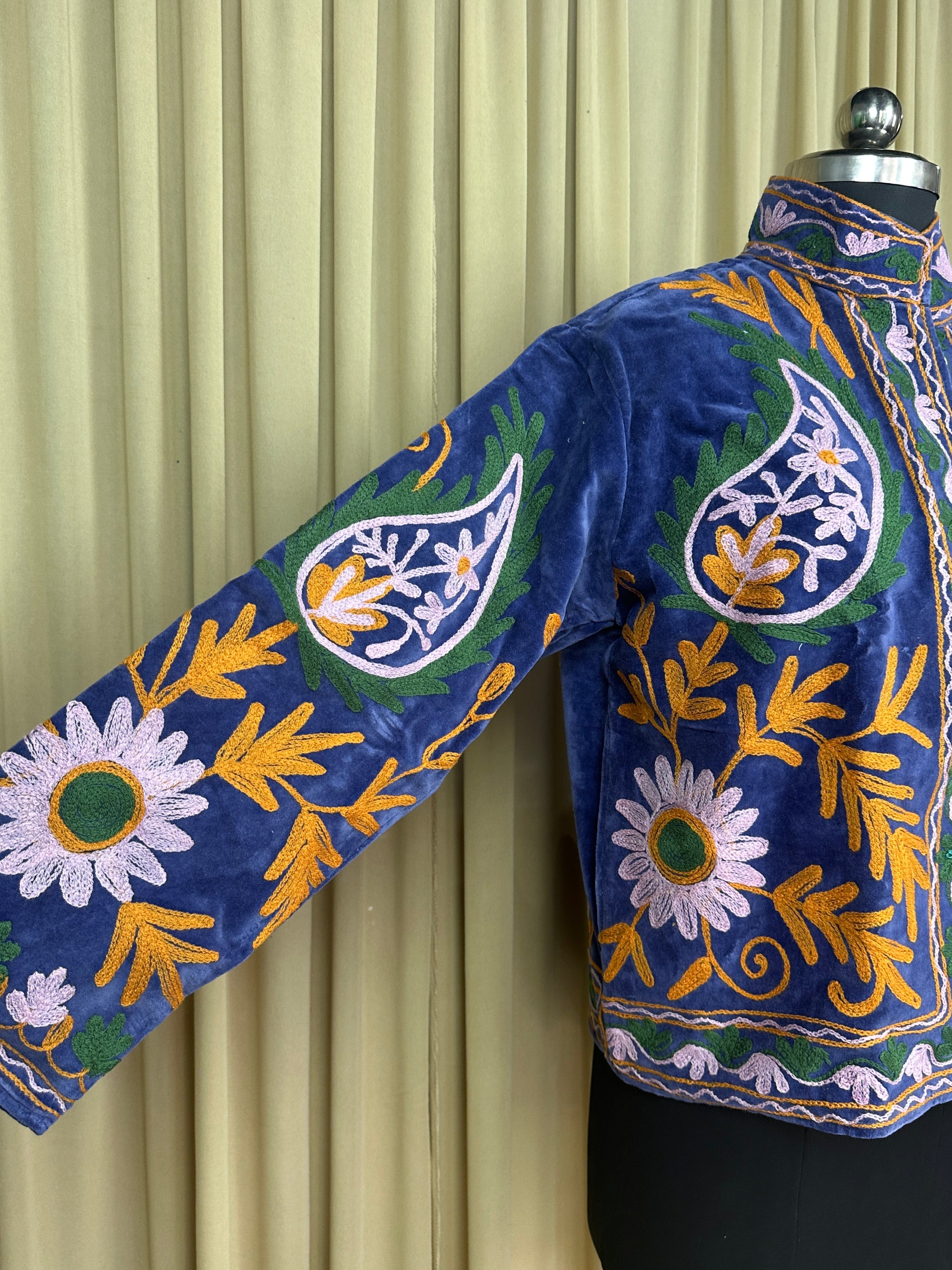 Boho Hand Embroidered Velvet Suzani Jacket, Blue Floral Open Front Coat Winter Wear Free Size Robe Retro Chic Free Size Robe Blazer for Her