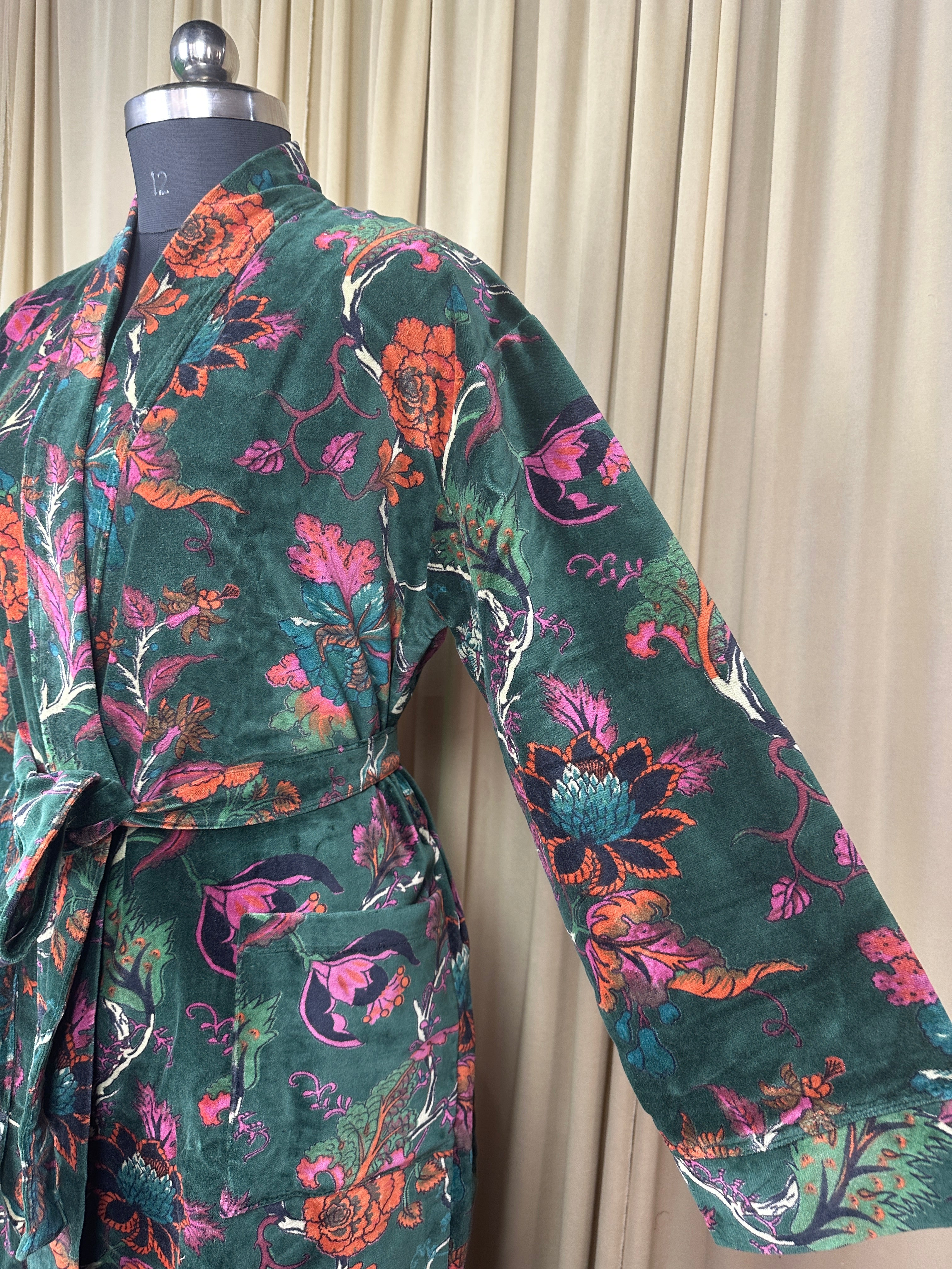 Luxury Velvet Kimono Unisex House Robe | Boho Jacket Autumn Winter Christmas Gift Elegant Reversible Silk Lined | Quirky Gown Green Floral