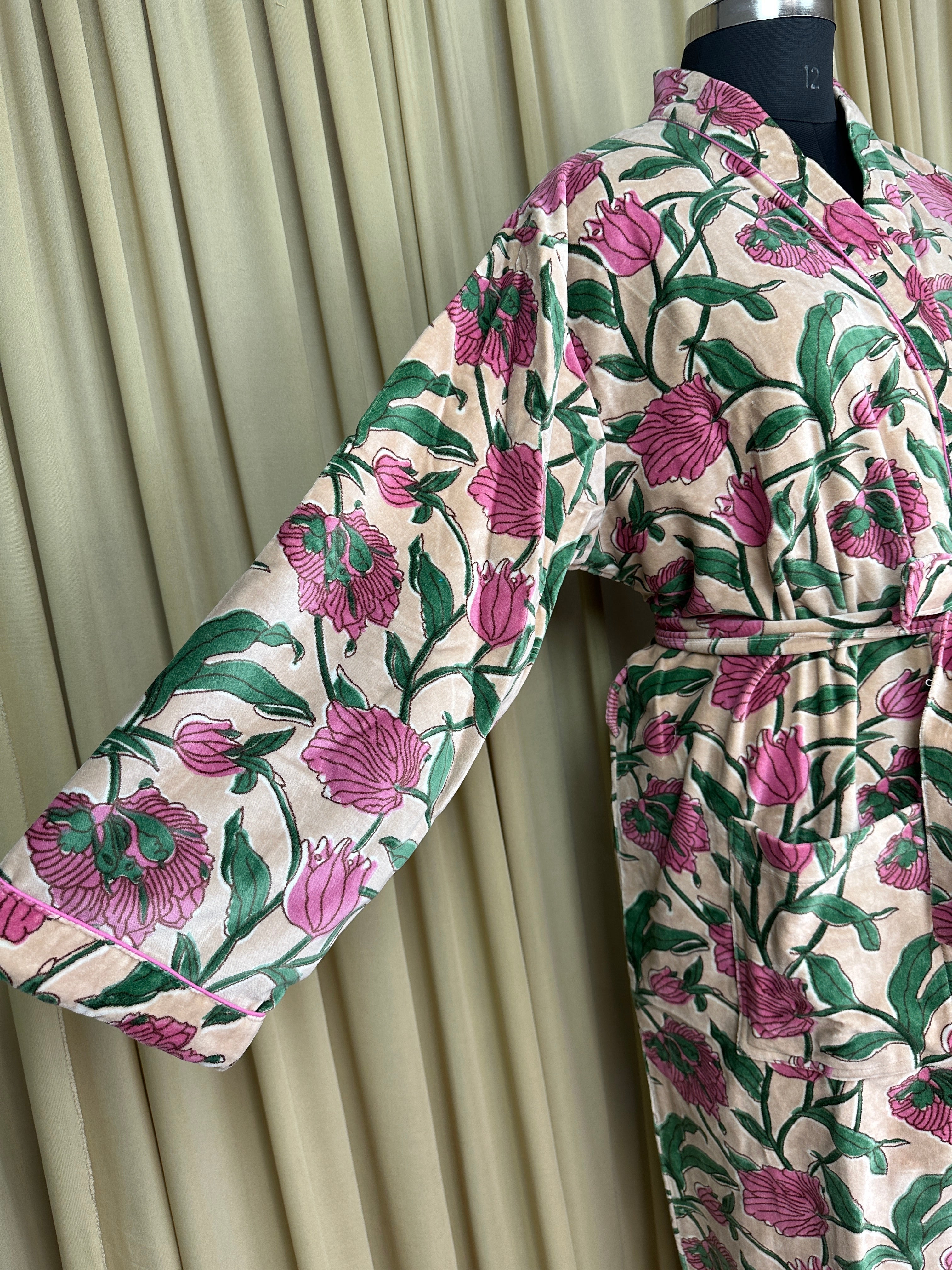 Luxury Velvet Kimono Unisex House Robe | Boho Jacket Autumn Winter Christmas Gift Elegant Reversible Cotton Lined | Quirky Gown Beige Floral