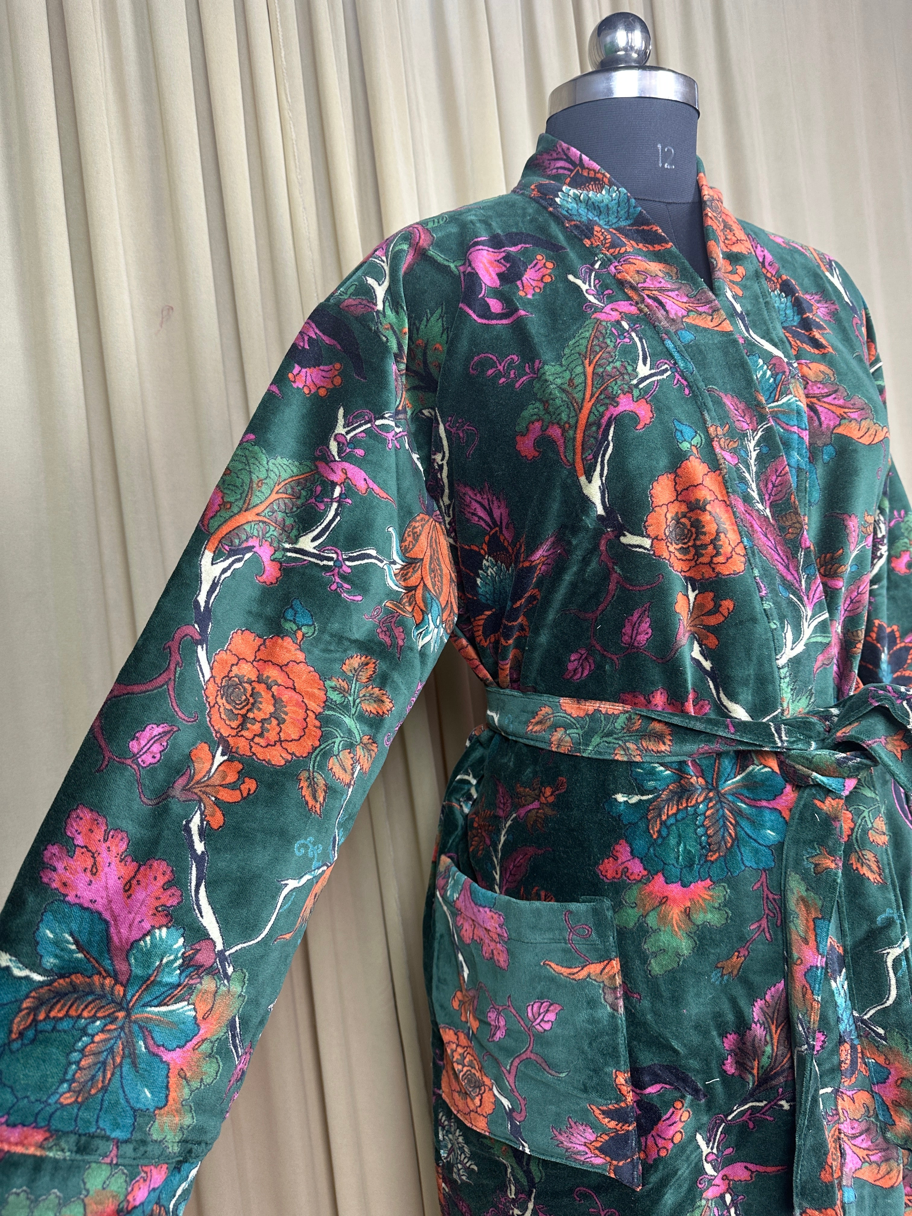 Luxury Velvet Kimono Unisex House Robe | Boho Jacket Autumn Winter Christmas Gift Elegant Reversible Silk Lined | Quirky Gown Green Floral