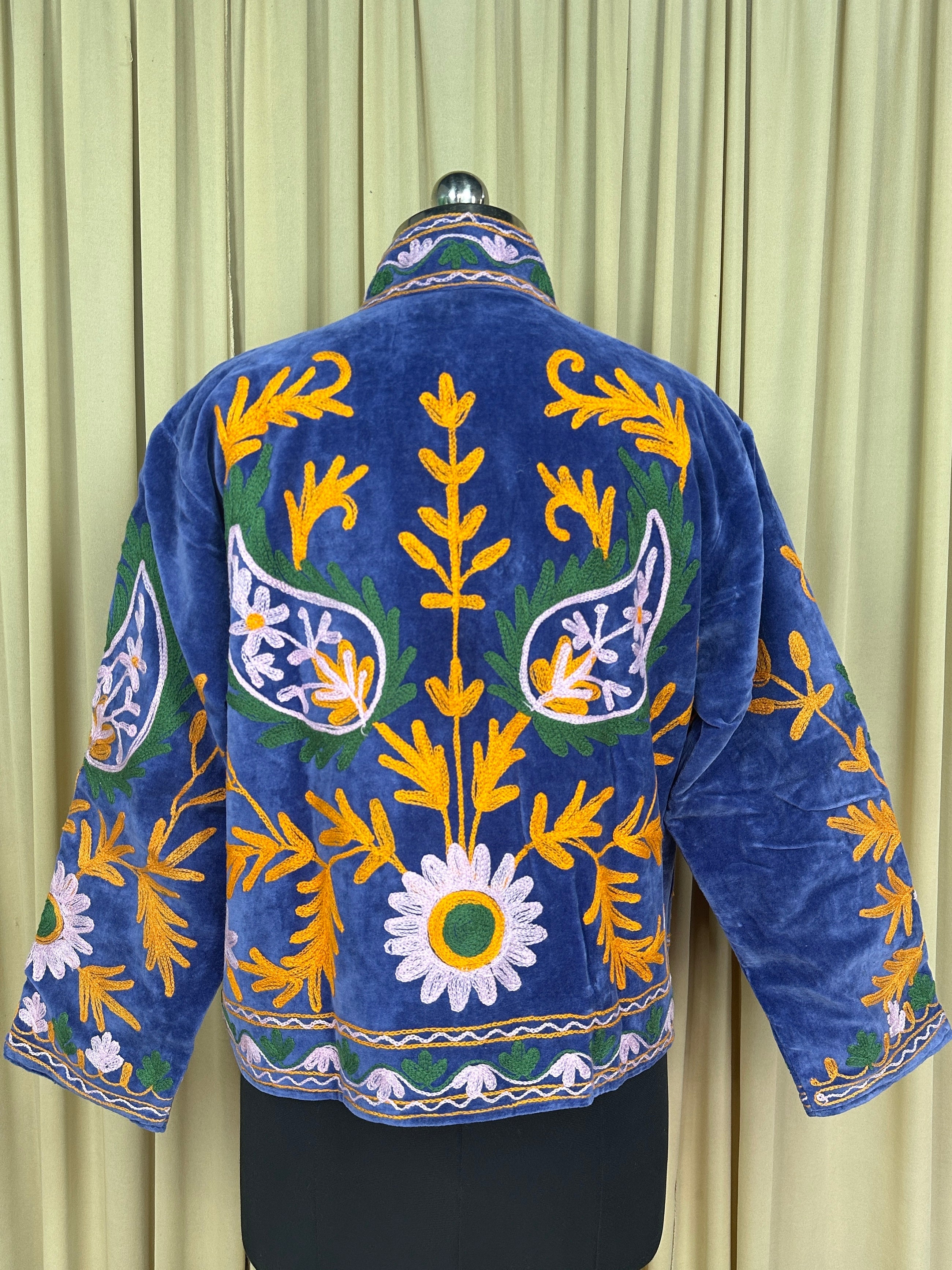 Boho Hand Embroidered Velvet Suzani Jacket, Blue Floral Open Front Coat Winter Wear Free Size Robe Retro Chic Free Size Robe Blazer for Her