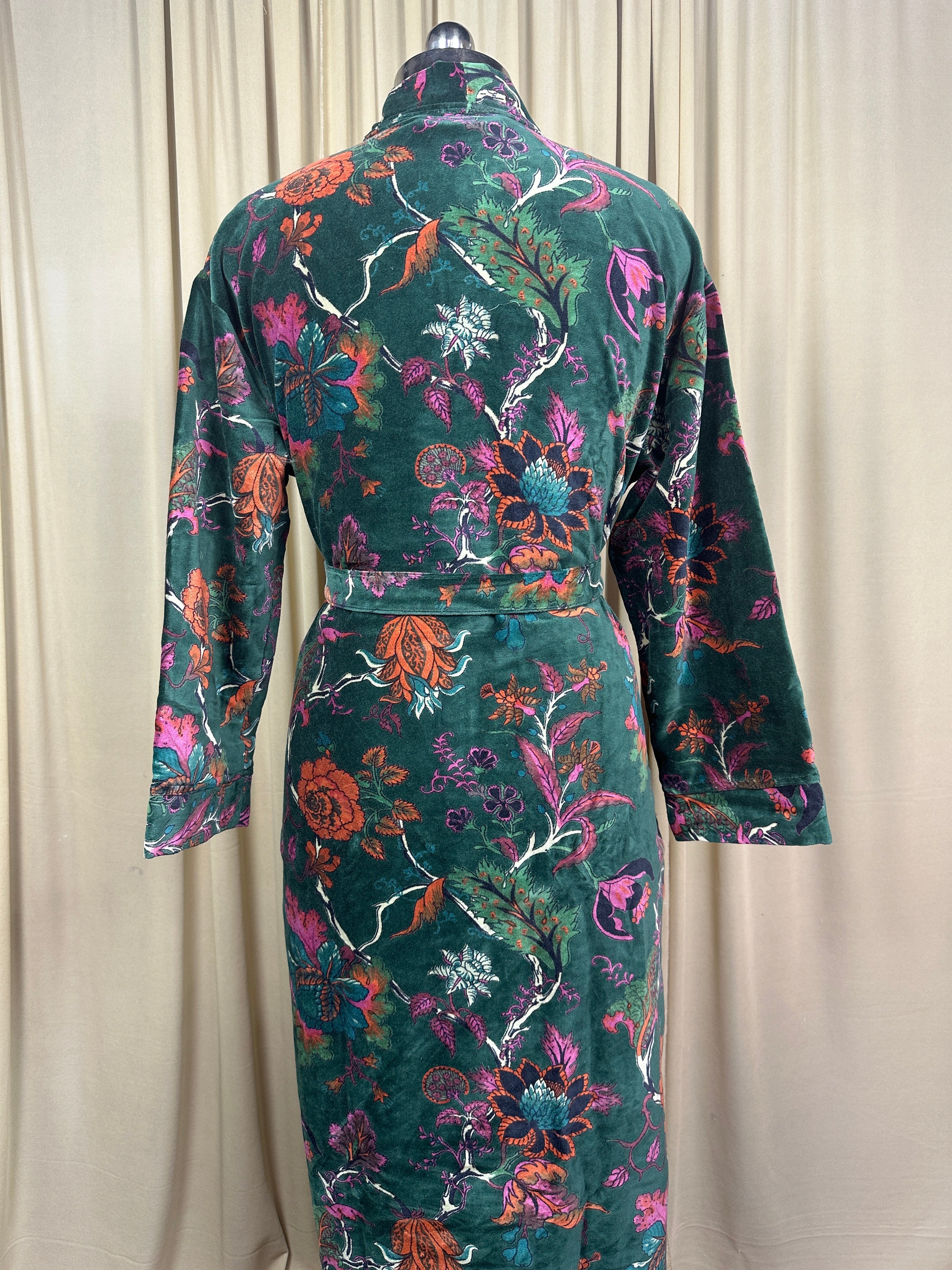 Luxury Velvet Kimono Unisex House Robe | Boho Jacket Autumn Winter Christmas Gift Elegant Reversible Silk Lined | Quirky Gown Green Floral