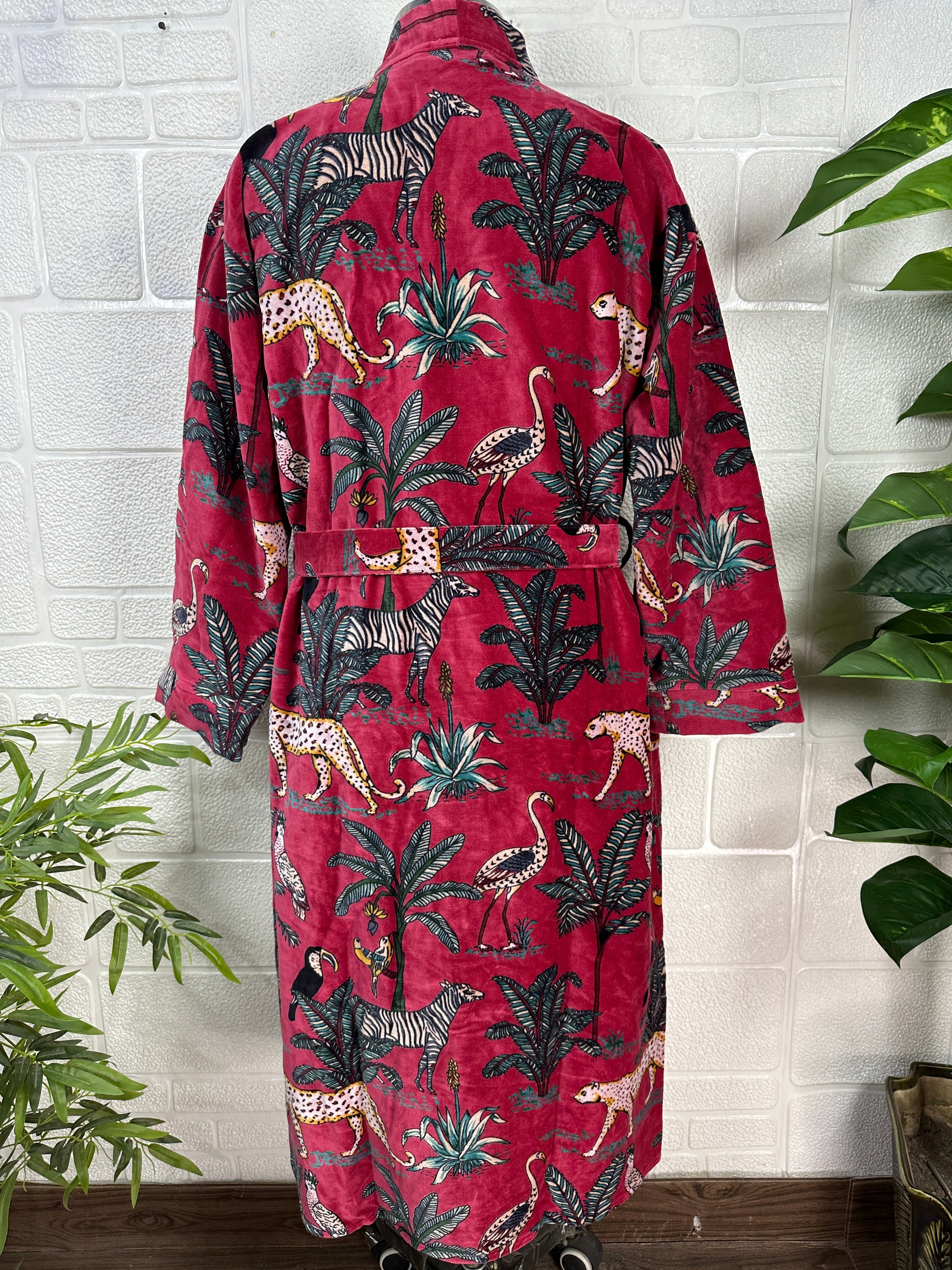 Luxury Velvet Kimono Robe: Reversible Silk-Lined Animal Print