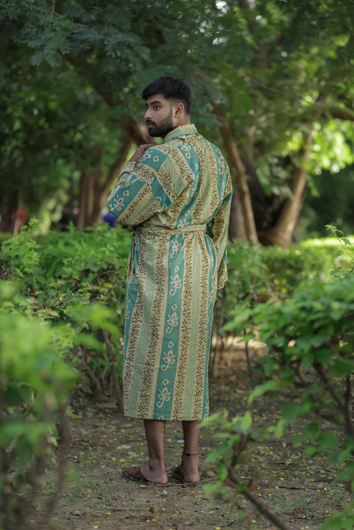 Men's Striped Cotton Kimono Robe, Long Boho Loungewear with Pockets, One Size Lightweight Breathable Spa Beach Resort Cover Up Dressing Gown