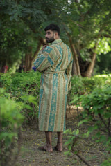 Men's Striped Cotton Kimono Robe, Long Boho Loungewear with Pockets, One Size Lightweight Breathable Spa Beach Resort Cover Up Dressing Gown
