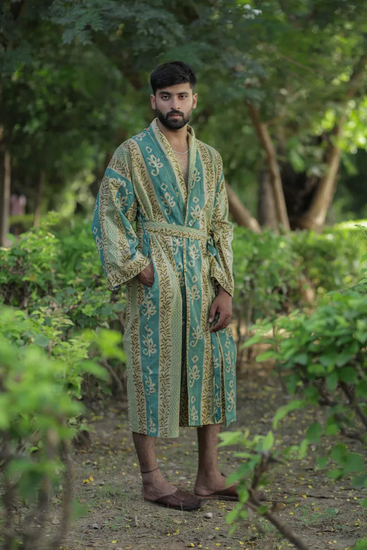 Men's Striped Cotton Kimono Robe, Long Boho Loungewear with Pockets, One Size Lightweight Breathable Spa Beach Resort Cover Up Dressing Gown