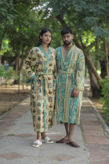 Men's Striped Cotton Kimono Robe, Long Boho Loungewear with Pockets, One Size Lightweight Breathable Spa Beach Resort Cover Up Dressing Gown