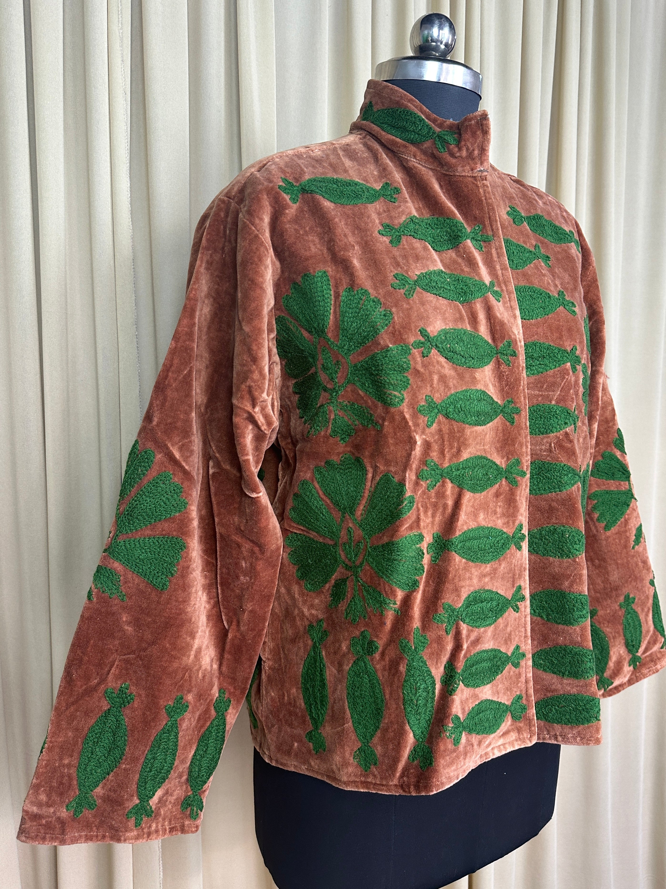 Boho Hand Embroidered Velvet Suzani Jacket, Brwon Floral Open Front Coat Winter Wear Free Size Robe Retro Chic Free Size Robe Blazer for Her
