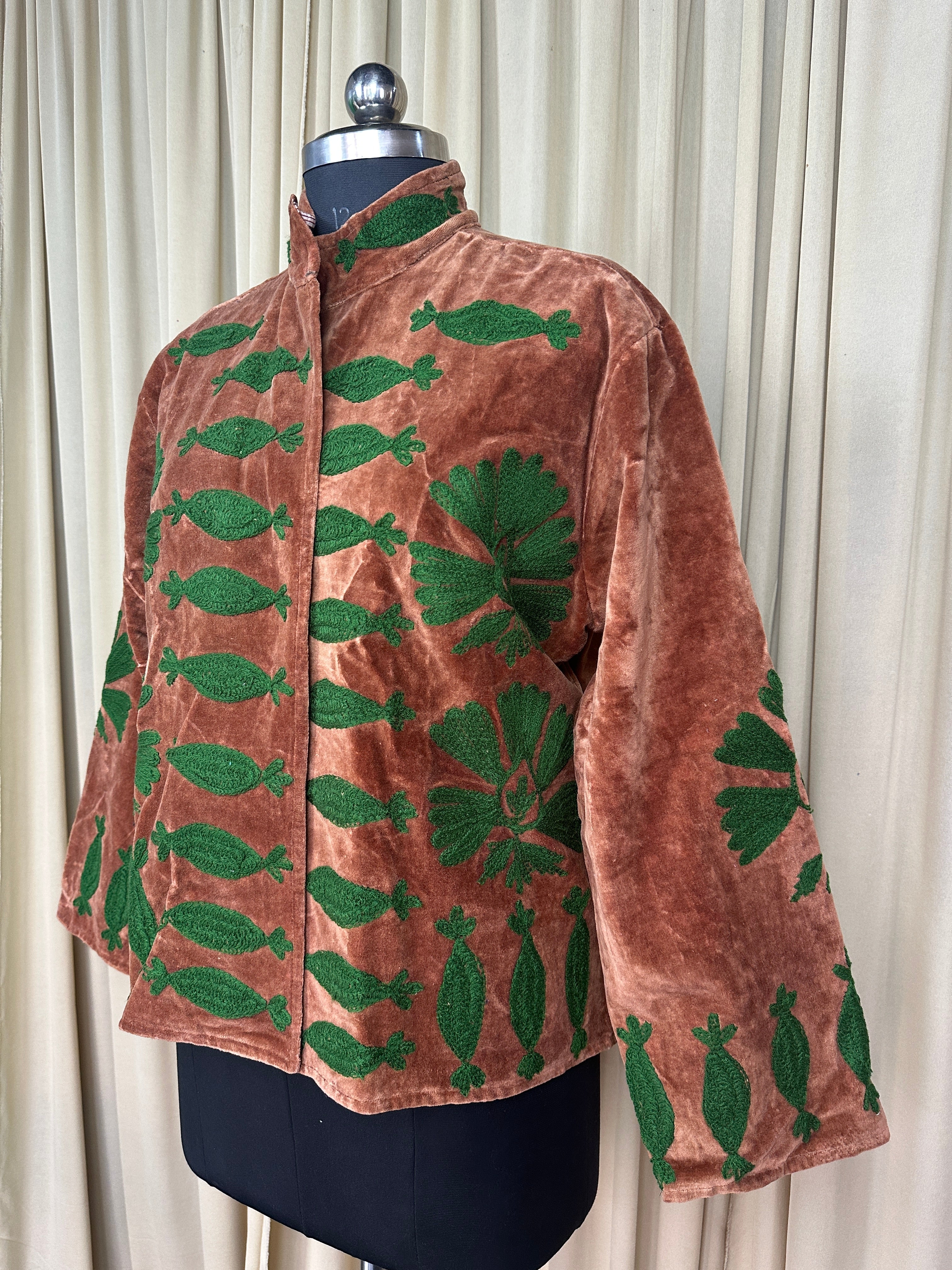 Boho Hand Embroidered Velvet Suzani Jacket, Brwon Floral Open Front Coat Winter Wear Free Size Robe Retro Chic Free Size Robe Blazer for Her