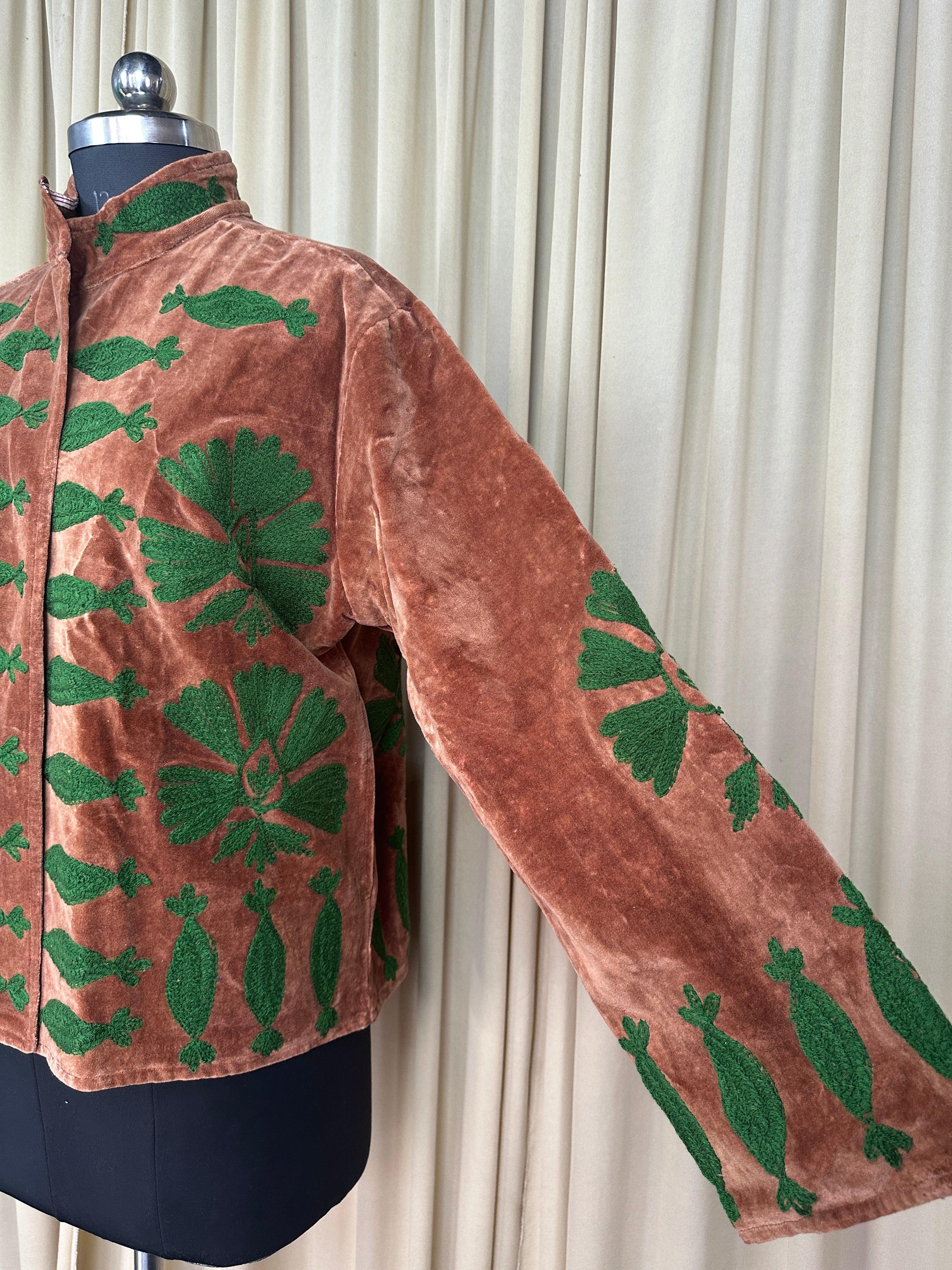 Boho Hand Embroidered Velvet Suzani Jacket, Brwon Floral Open Front Coat Winter Wear Free Size Robe Retro Chic Free Size Robe Blazer for Her
