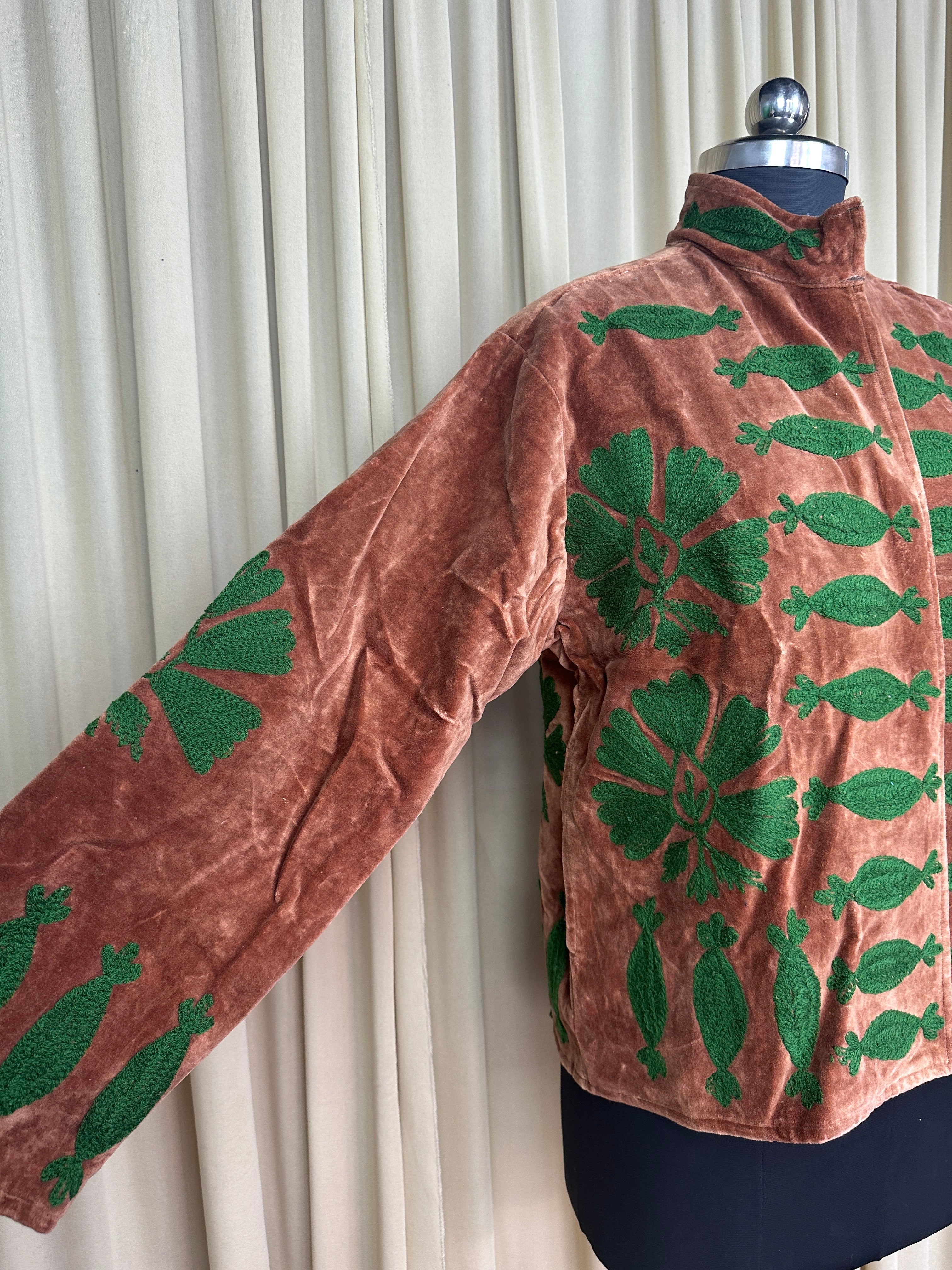 Boho Hand Embroidered Velvet Suzani Jacket, Brwon Floral Open Front Coat Winter Wear Free Size Robe Retro Chic Free Size Robe Blazer for Her