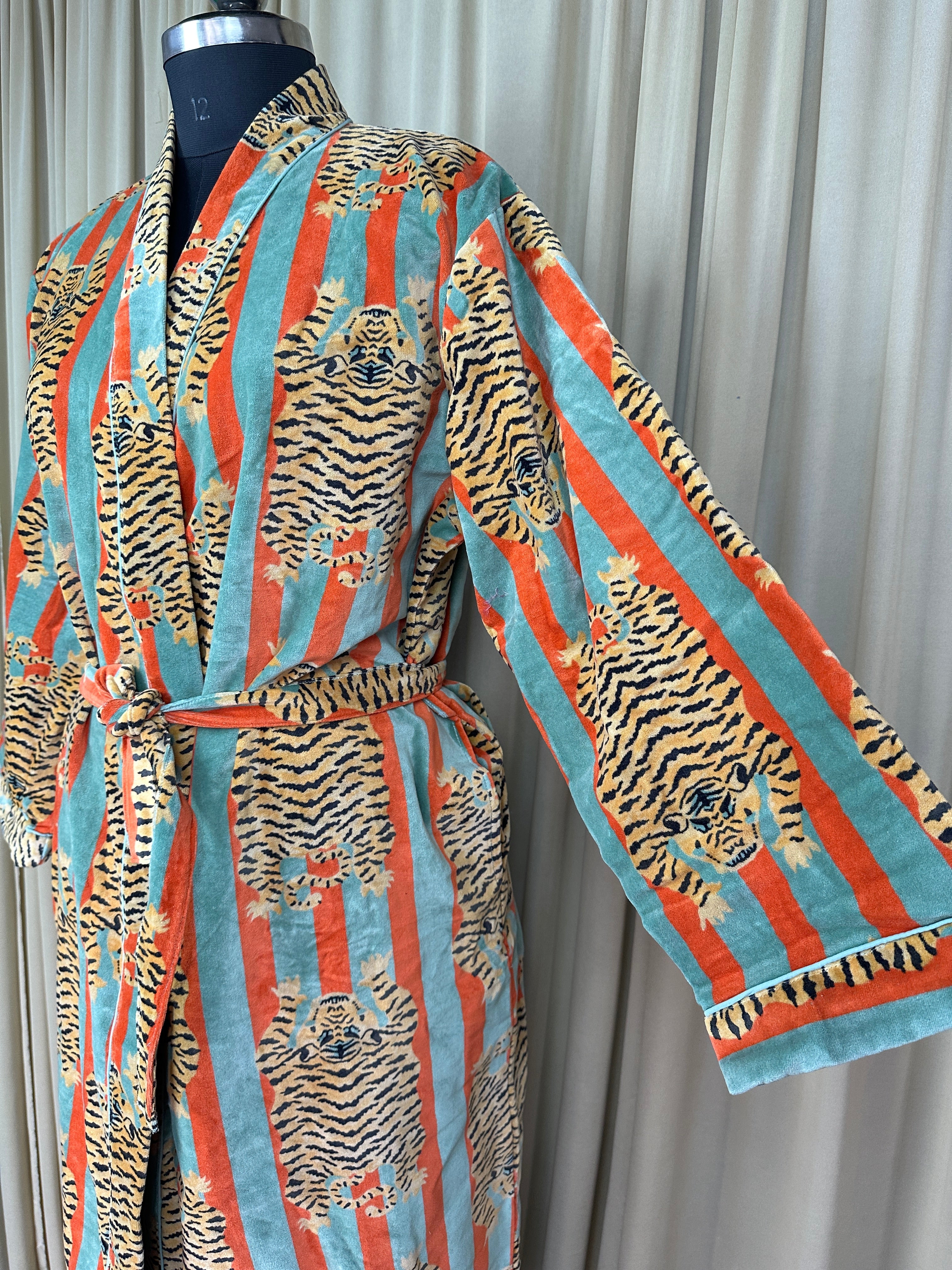 Luxury Velvet Kimono Unisex House Robe | Boho Jacket Autumn Winter Christmas Gift Elegant Reversible Cotton Lined | Quirky Gown Animal print