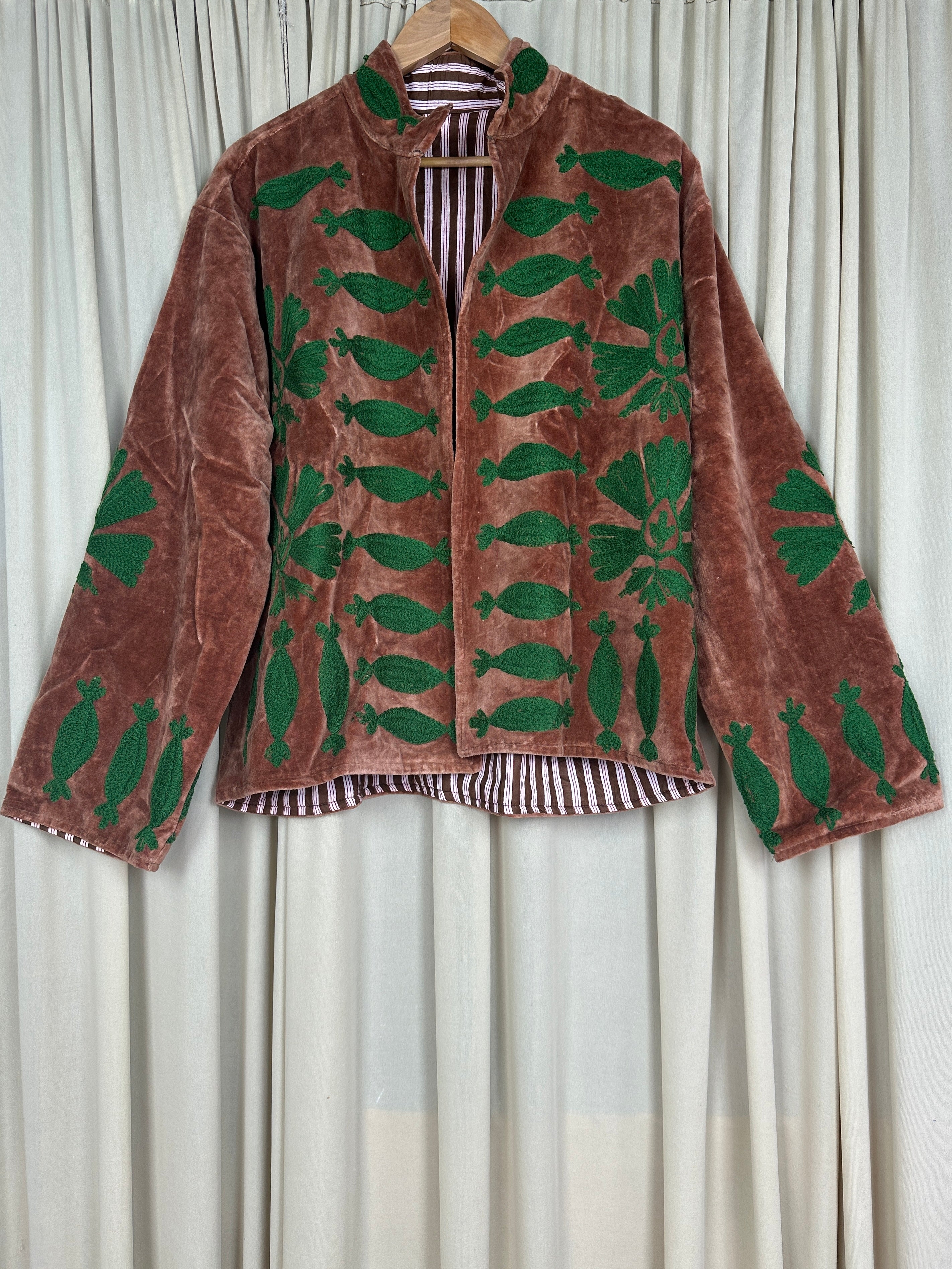 Boho Hand Embroidered Velvet Suzani Jacket, Brwon Floral Open Front Coat Winter Wear Free Size Robe Retro Chic Free Size Robe Blazer for Her