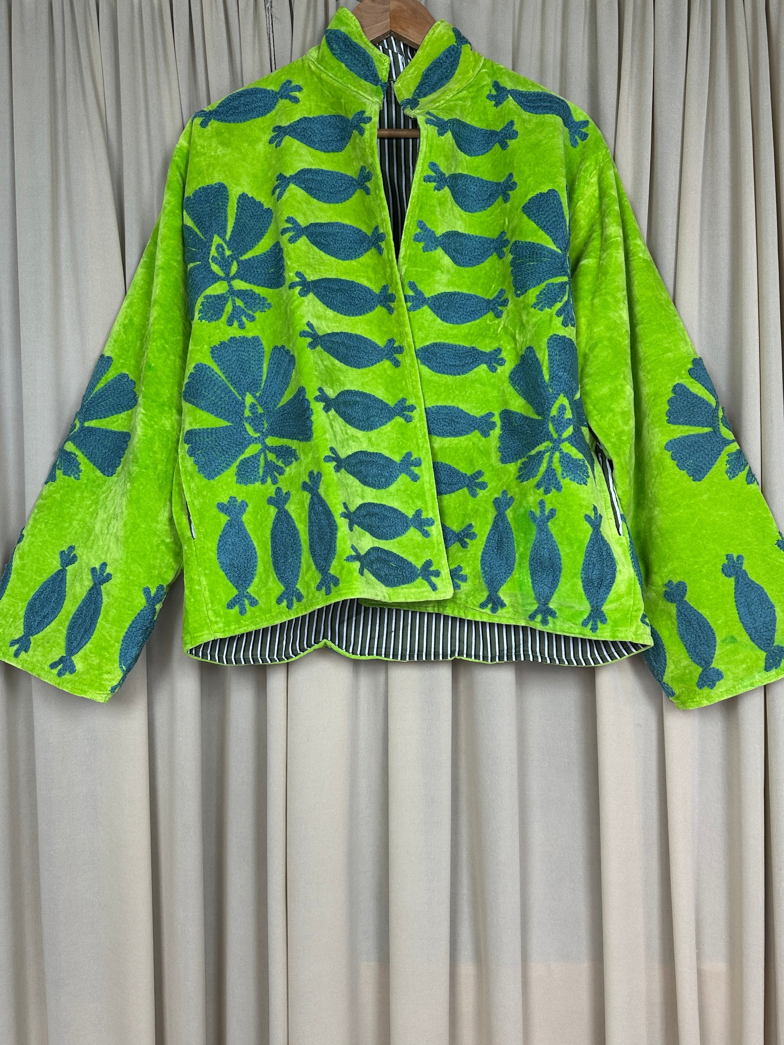 Boho Hand Embroidered Velvet Suzani Jacket, Green Floral Open Front Coat Winter Wear Free Size Robe Retro Chic Free Size Robe Blazer for Her