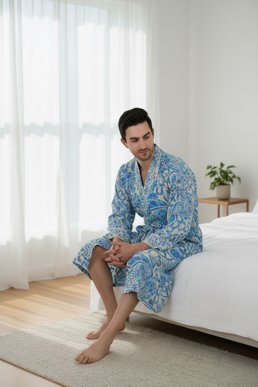 Boho Men's Soft Silk Kimono, Man Regal House Beach Robe, Floral Persian King Elegant Beige Blue Hues Beach Cover Up, Perfect Gift for Dad